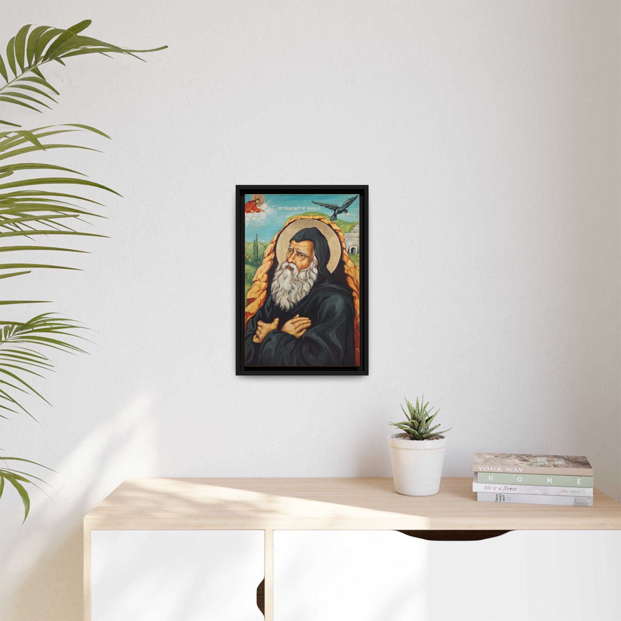 Framed canvas icon of Saint Benedict of Nursia, traditional Orthodox Christian artwork