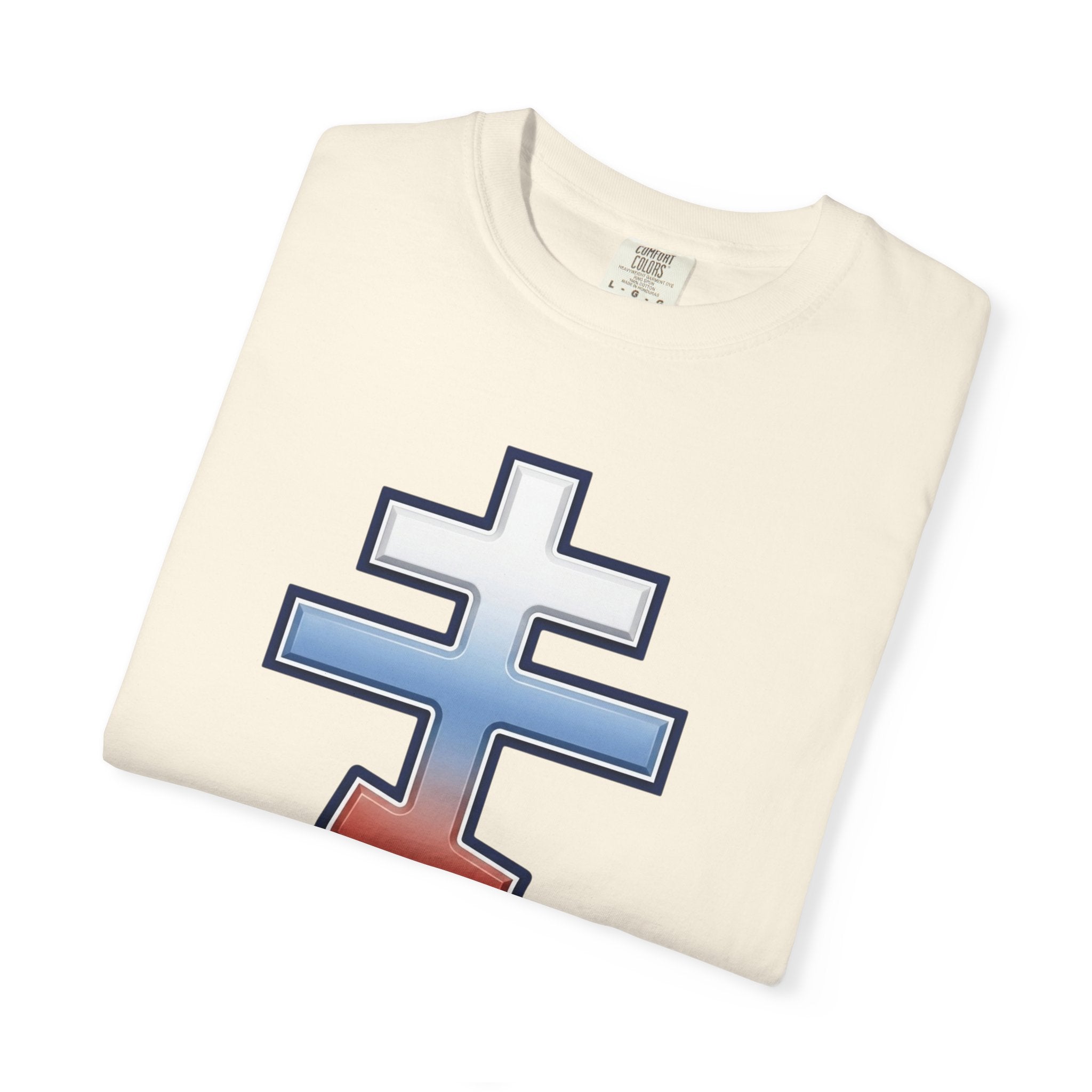 Slovak Orthodox Cross design on a heavyweight garment-dyed t-shirt