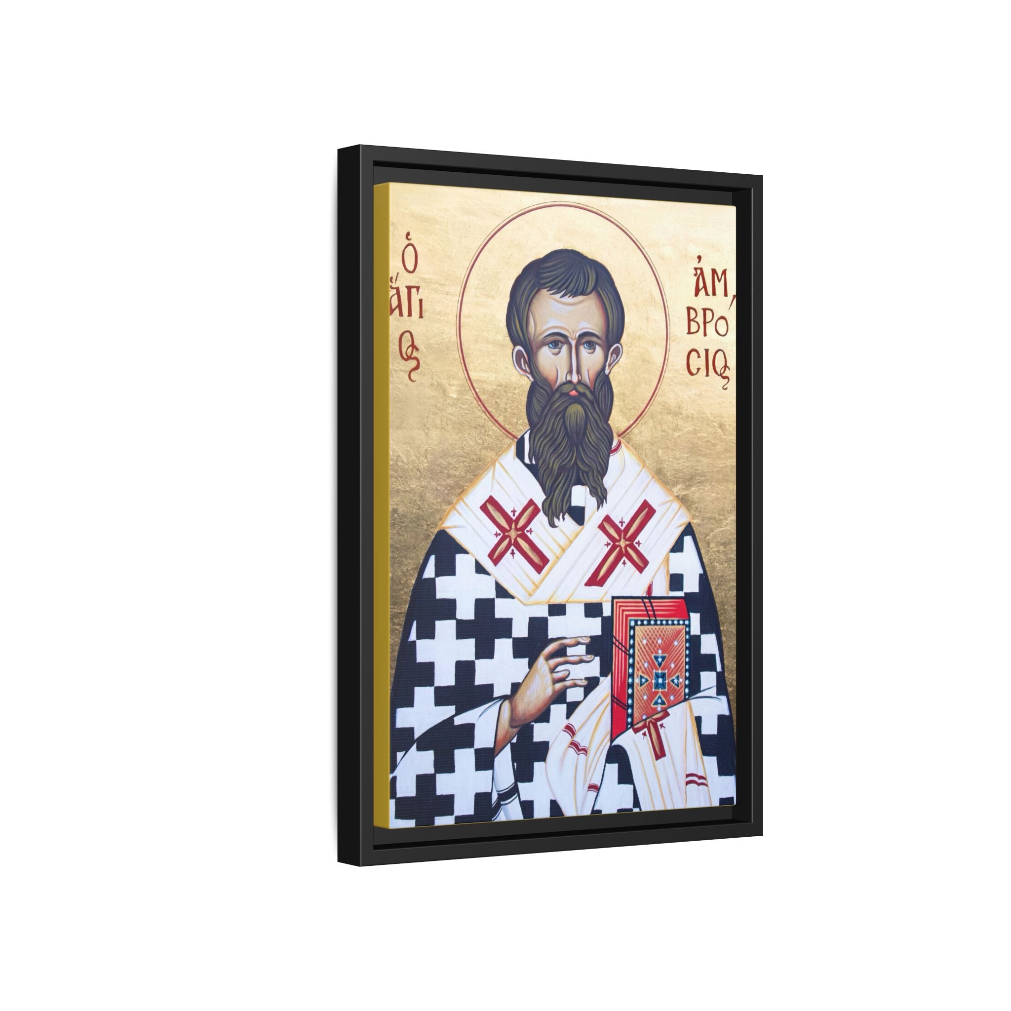 Framed canvas icon of Saint Ambrose of Milan, traditional Orthodox Christian artwork