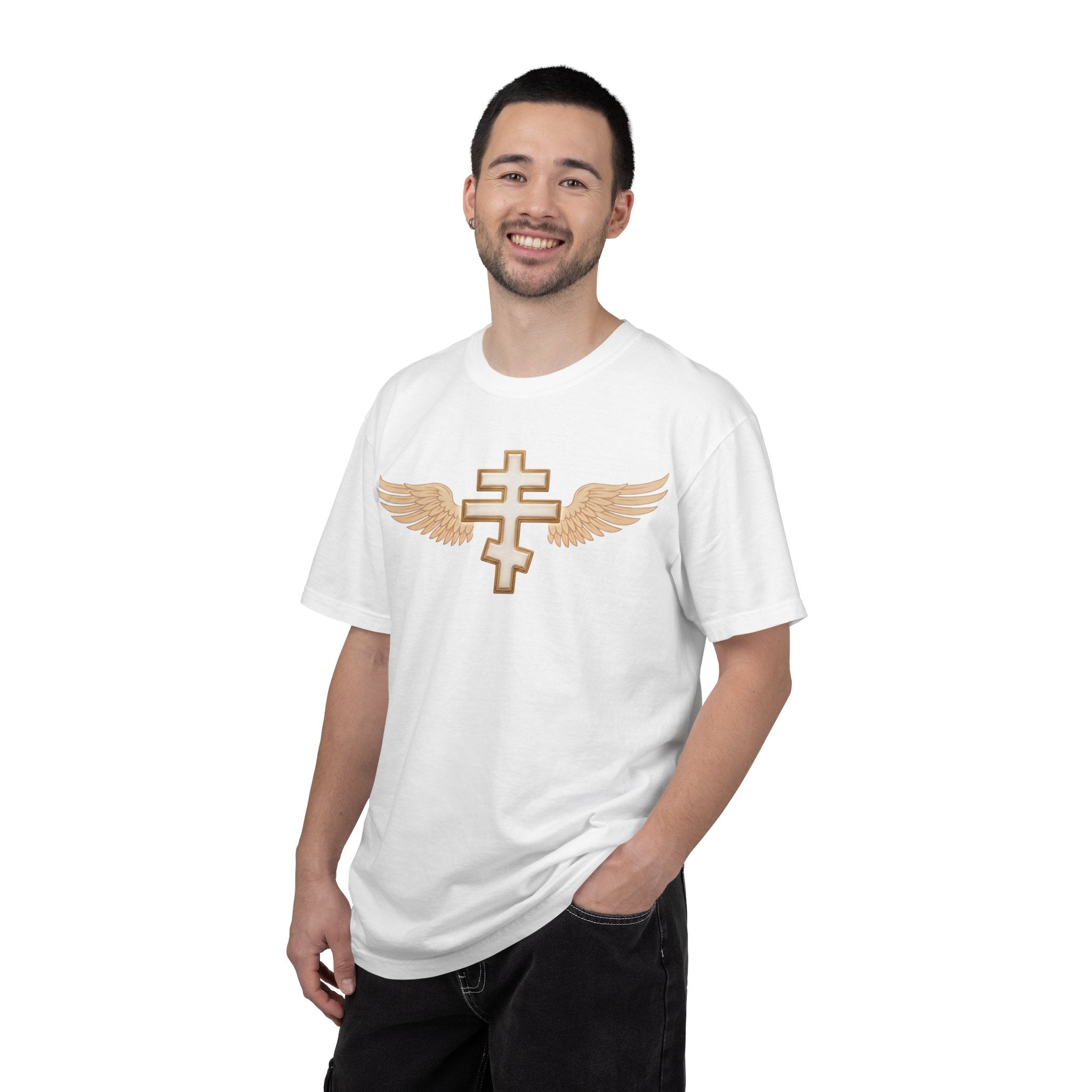 Classic white winged classic Orthodox cross design on a heavyweight garment-dyed t-shirt