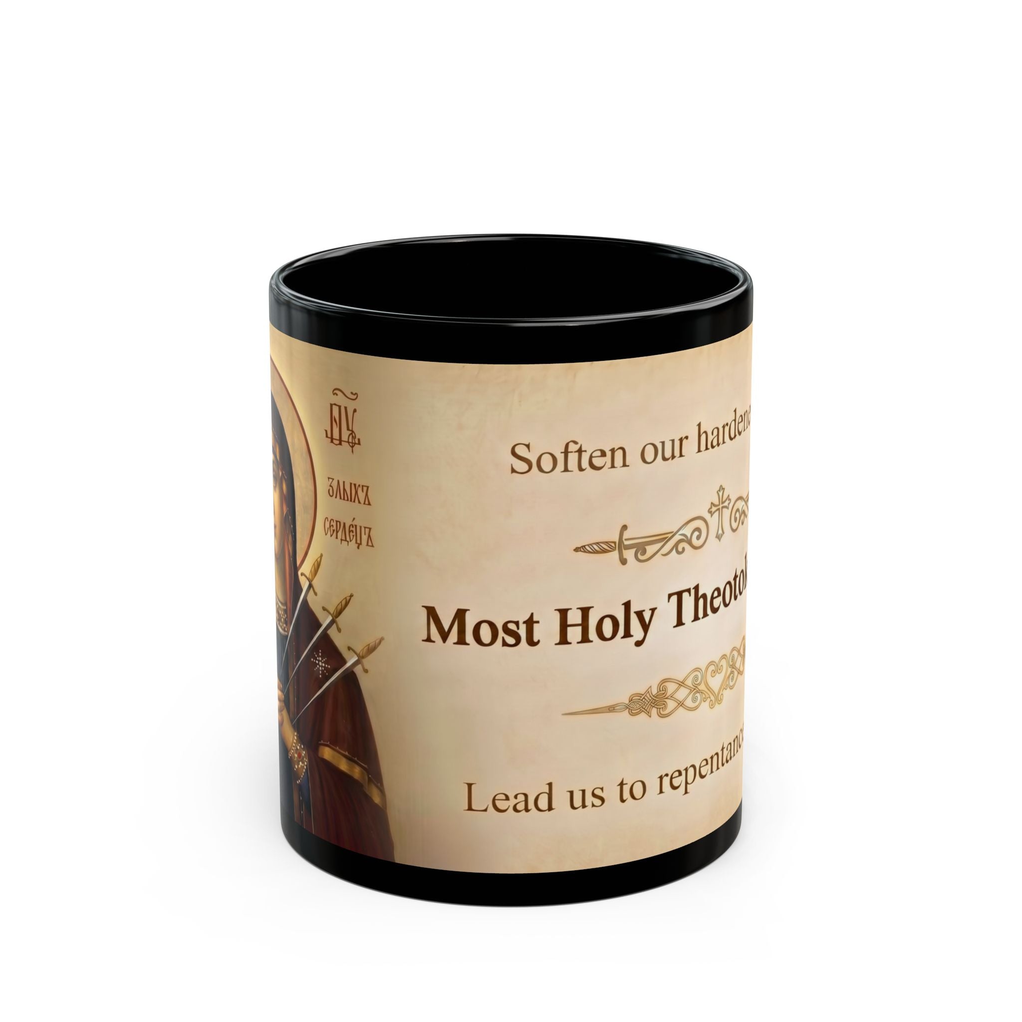Theotokos Softener of Evil Hearts Orthodox Christian Black Coffee Mug — Orthodox Christian Mug