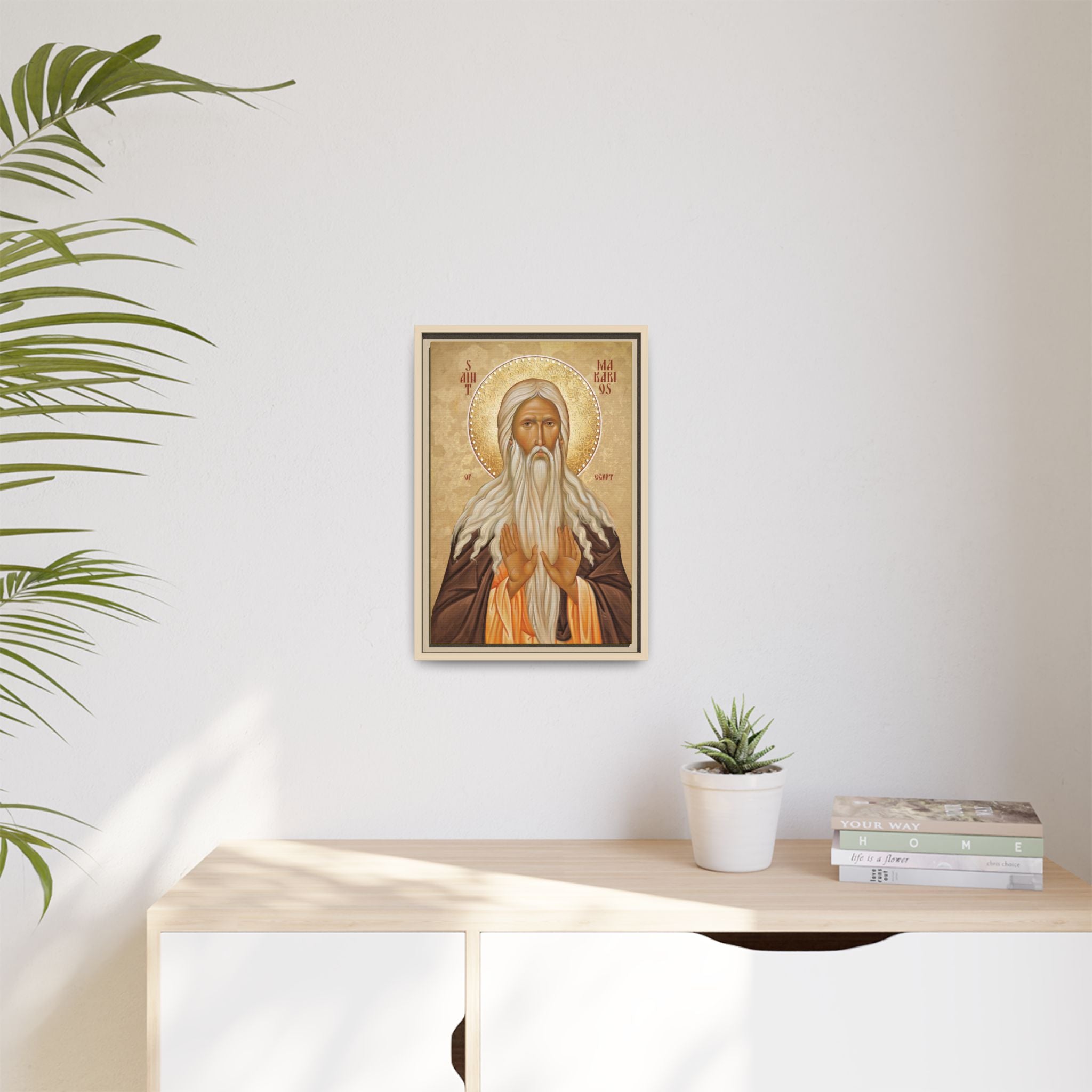 Framed canvas icon of Saint Macarius of Egypt, traditional Orthodox Christian artwork