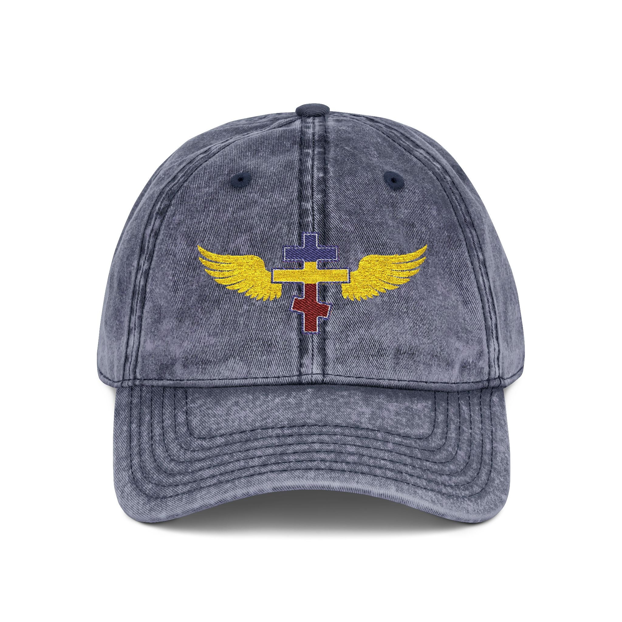 Ugandan Orthodox cross with wings embroidered on vintage cotton twill cap -- additional view 3