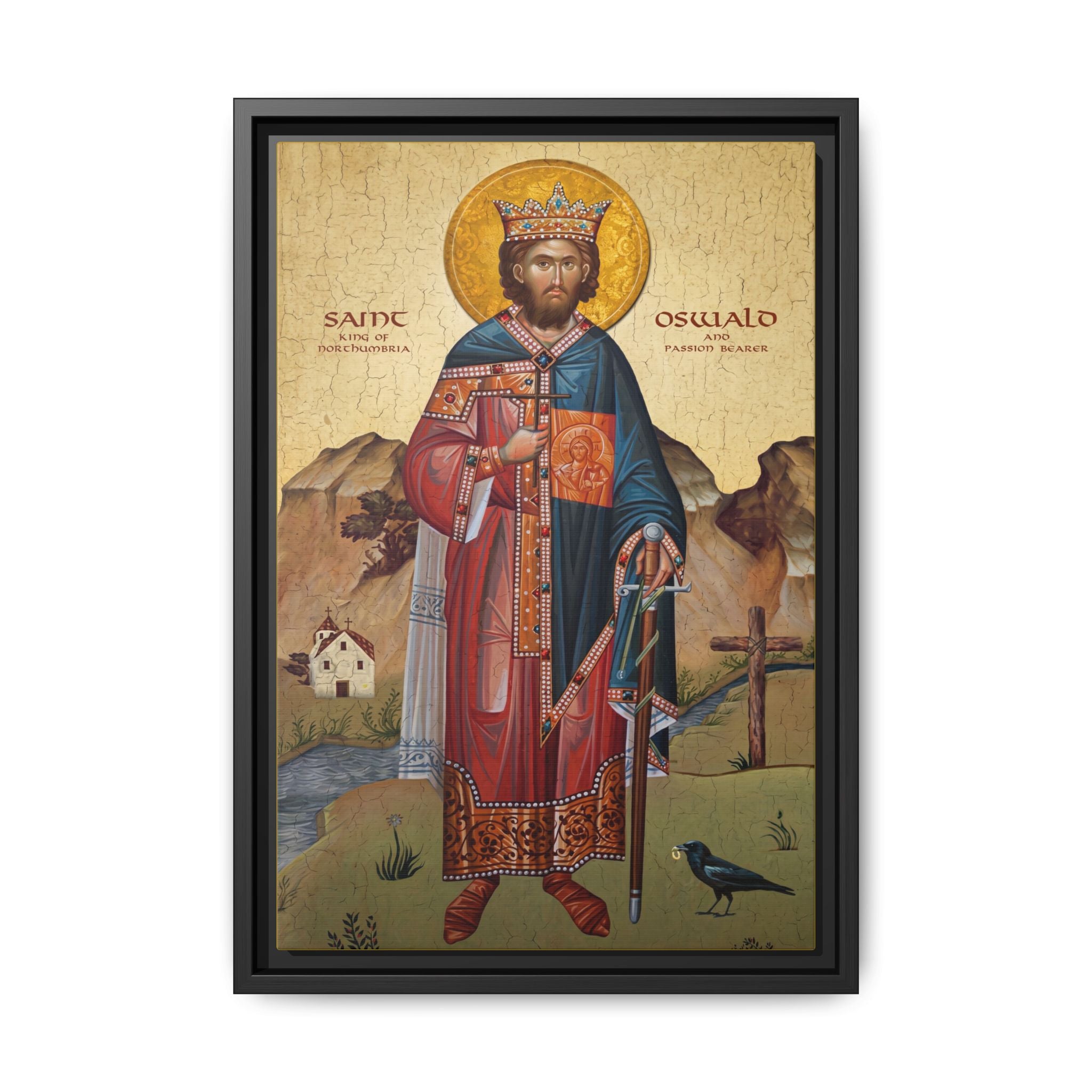 Framed canvas icon of Saint Oswald of Northumbria, traditional Orthodox Christian artwork