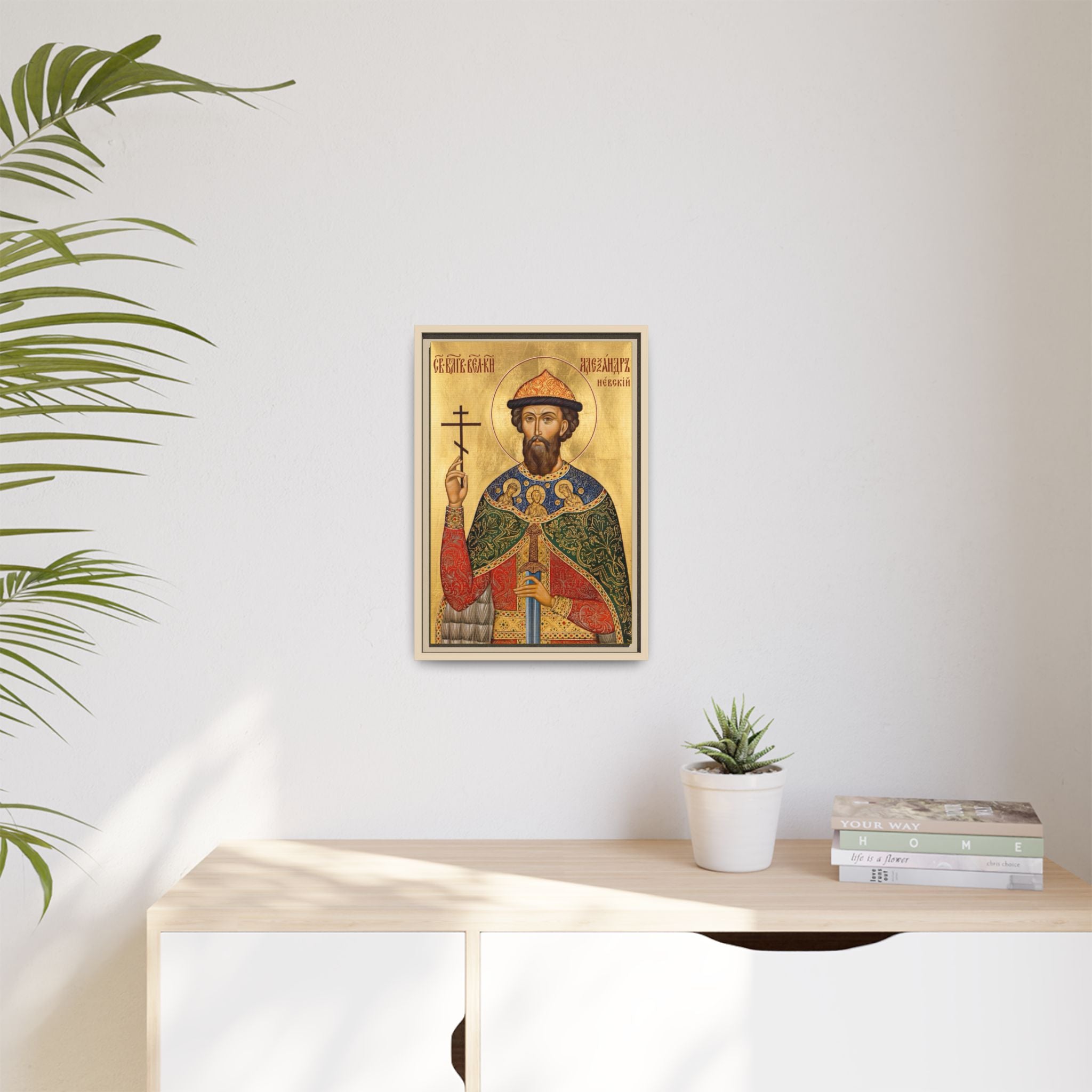 Framed canvas icon of Saint Alexander Nevsky, traditional Orthodox Christian artwork