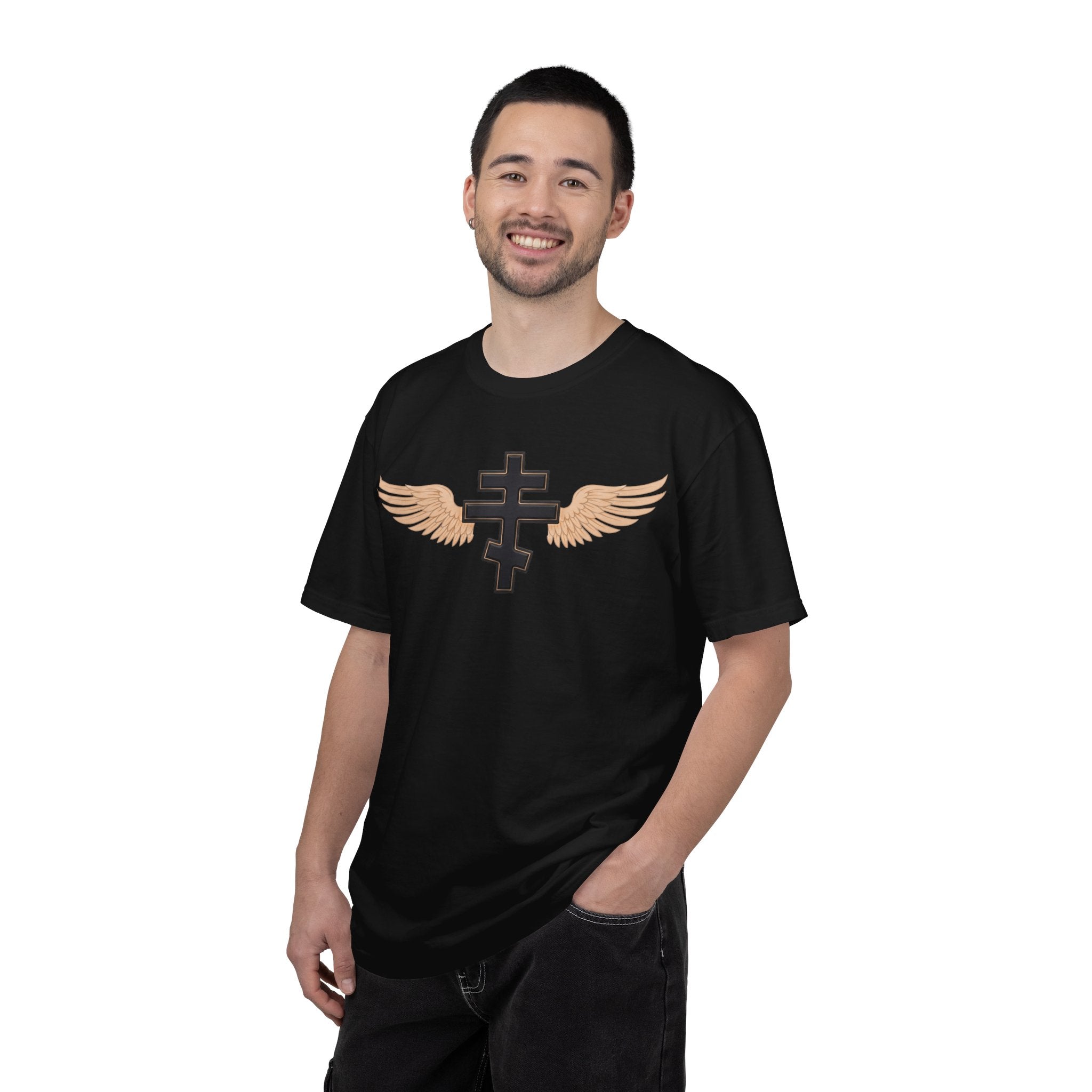 Classic black winged classic Orthodox cross design on a heavyweight garment-dyed t-shirt