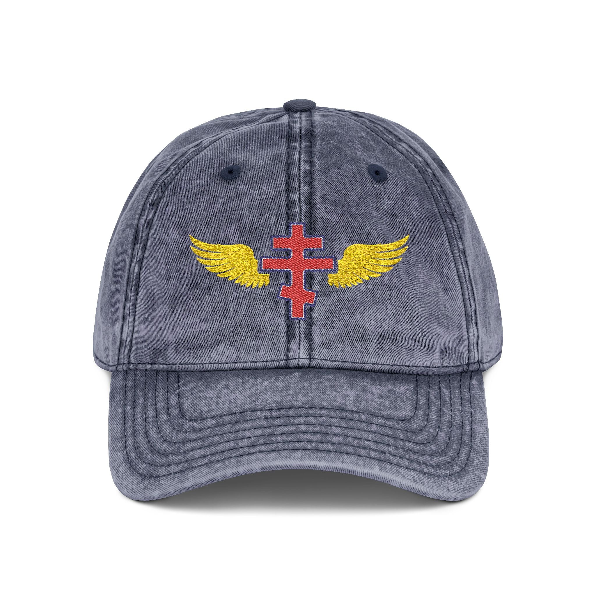 Latvian Orthodox cross with wings embroidered on vintage cotton twill cap -- additional view 3