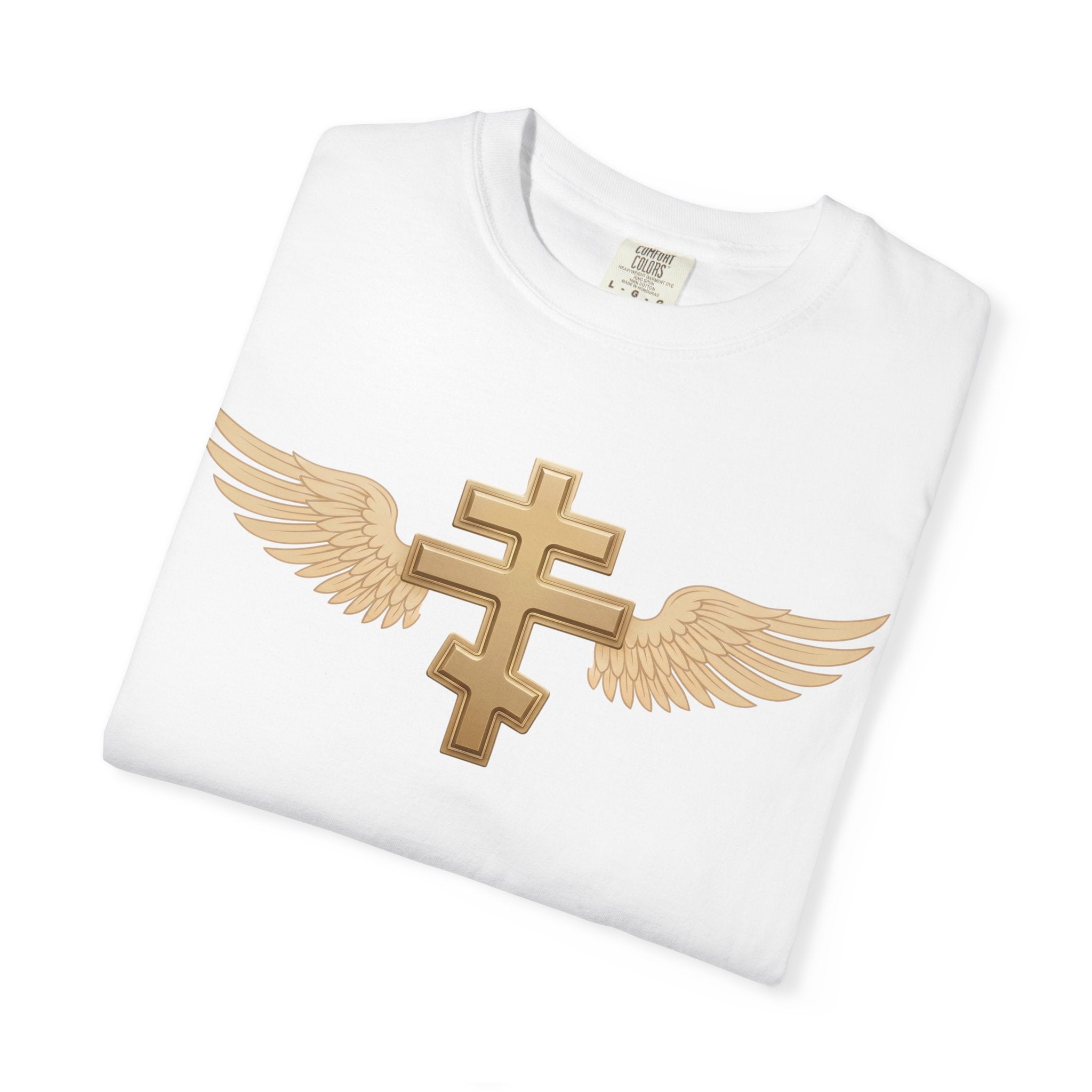 Classic gold winged classic Orthodox cross design on a heavyweight garment-dyed t-shirt