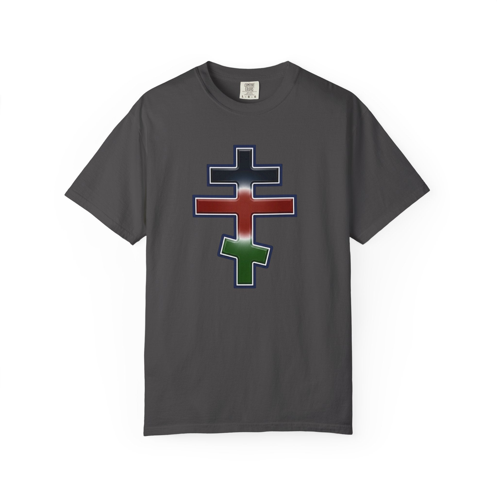 Kenyan Orthodox Cross design on a heavyweight garment-dyed t-shirt