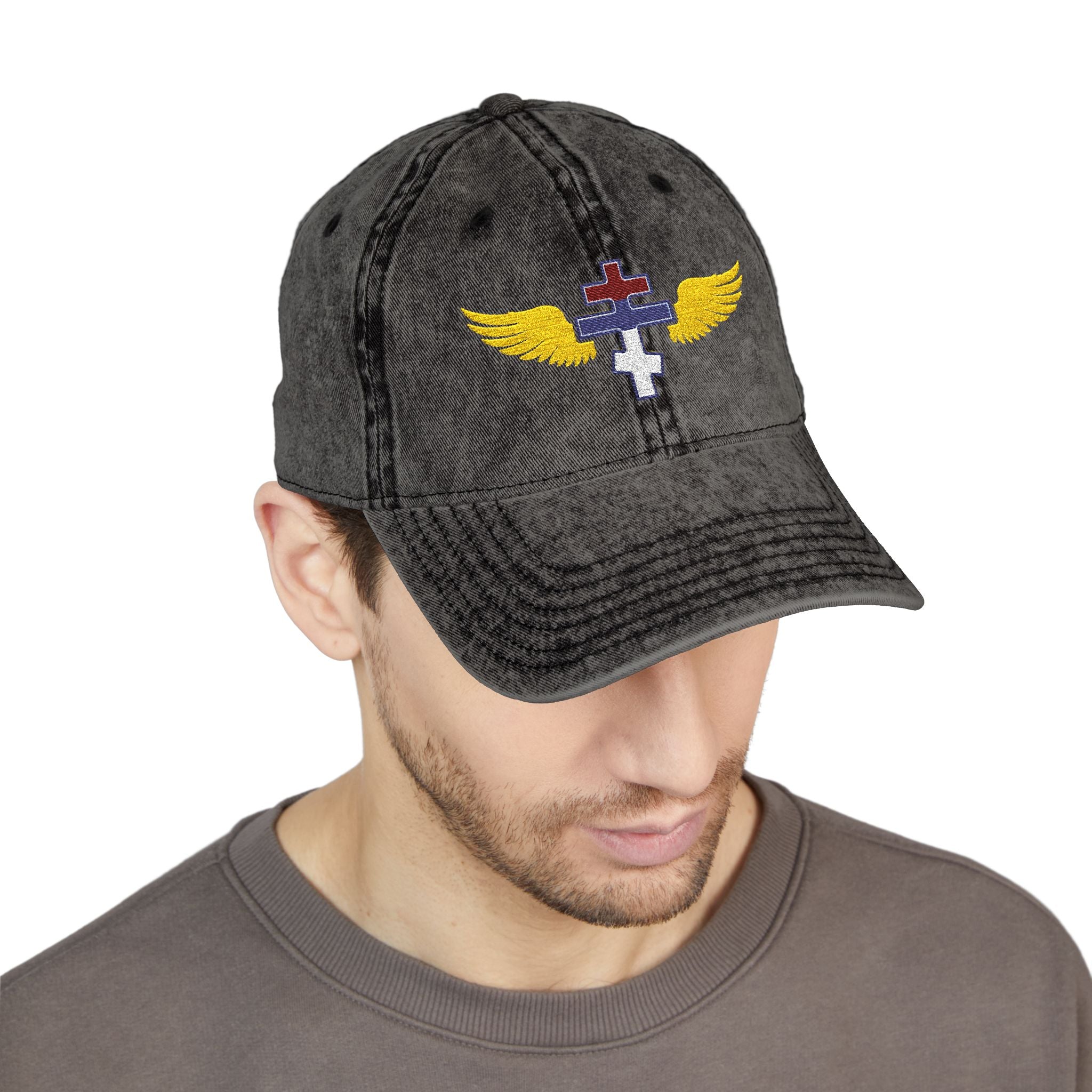 Serbian Orthodox cross with wings embroidered on vintage cotton twill cap -- additional view 7