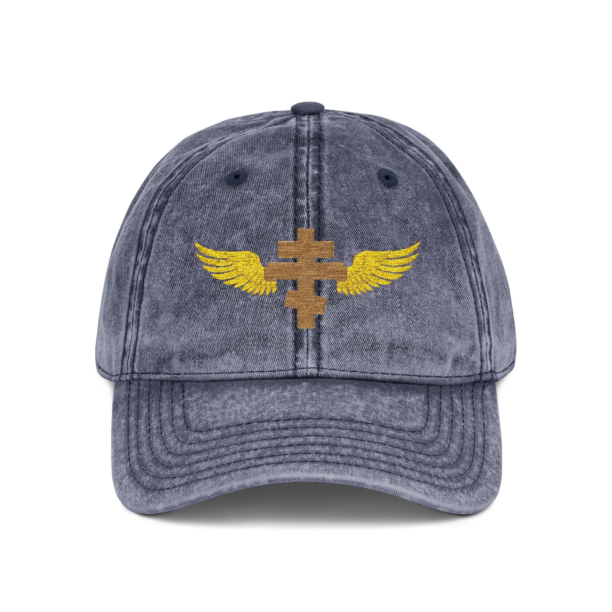 Gold Orthodox cross with wings embroidered on vintage cotton twill cap -- additional view 3