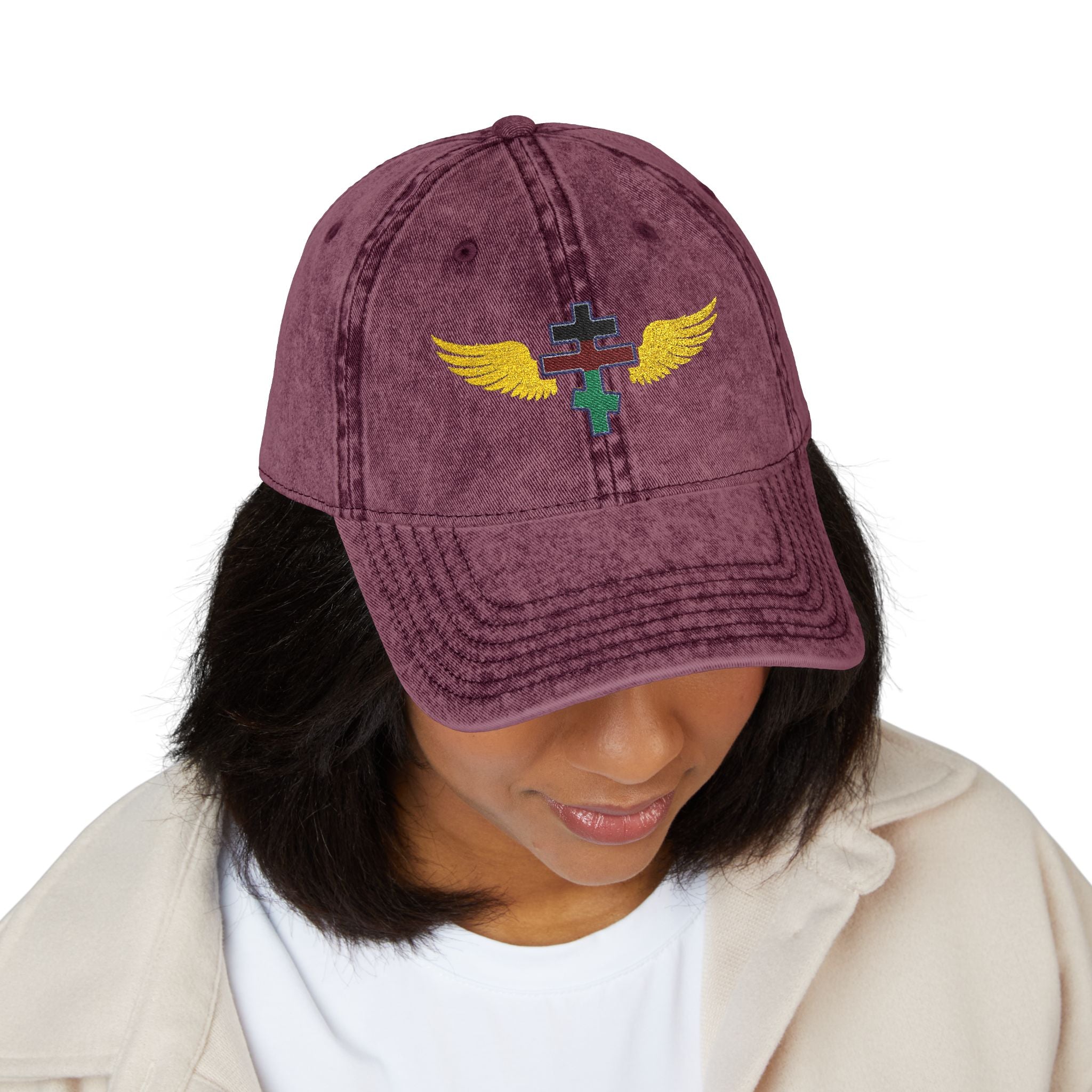 Kenyan Orthodox cross with wings embroidered on vintage cotton twill cap -- additional view 15