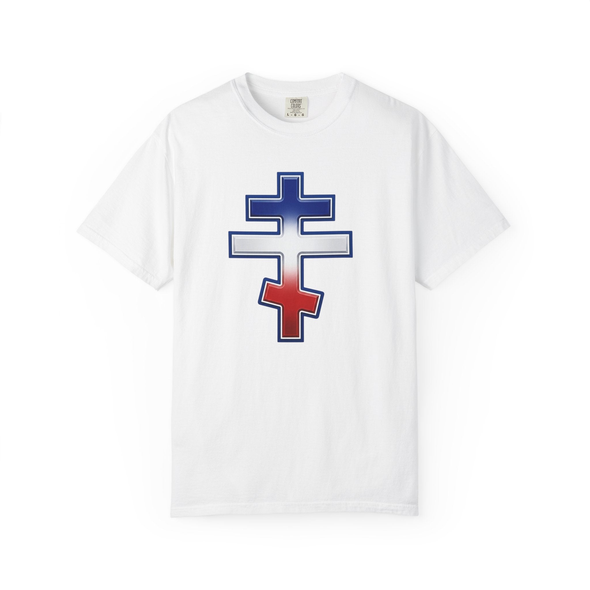 French Orthodox Cross design on a heavyweight garment-dyed t-shirt