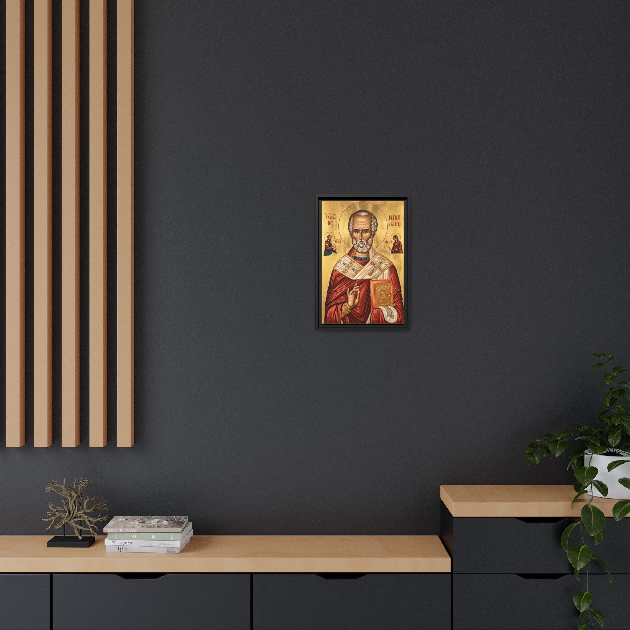 Framed canvas icon of Saint Nicholas the Wonderworker, traditional Orthodox Christian artwork