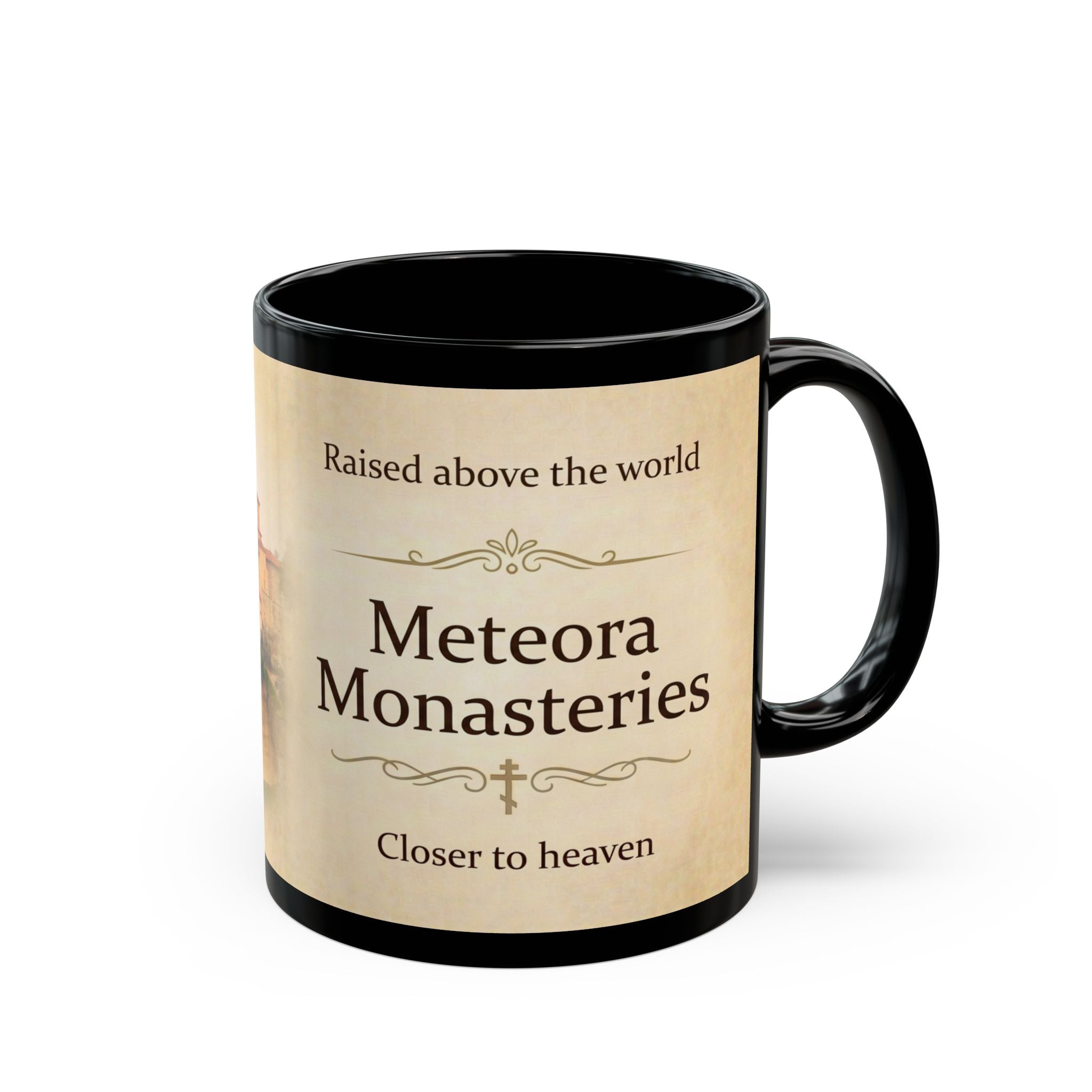 Meteora Monasteries Orthodox Christian Black Coffee Mug — Christian Coffee Mug