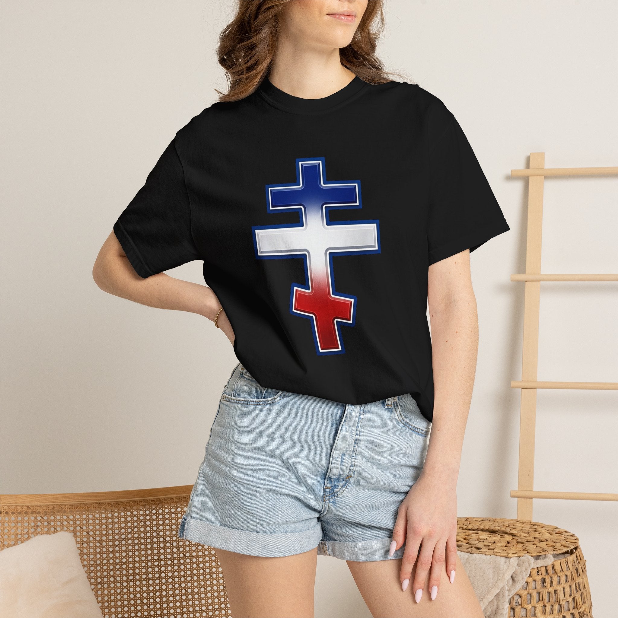 French Orthodox Cross design on a heavyweight garment-dyed t-shirt
