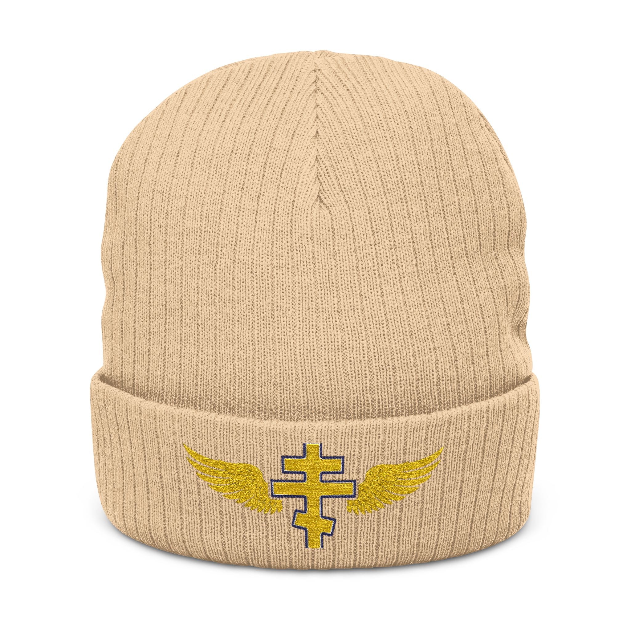 Cypriot Orthodox cross with wings embroidered on ribbed knit beanie -- additional view 2