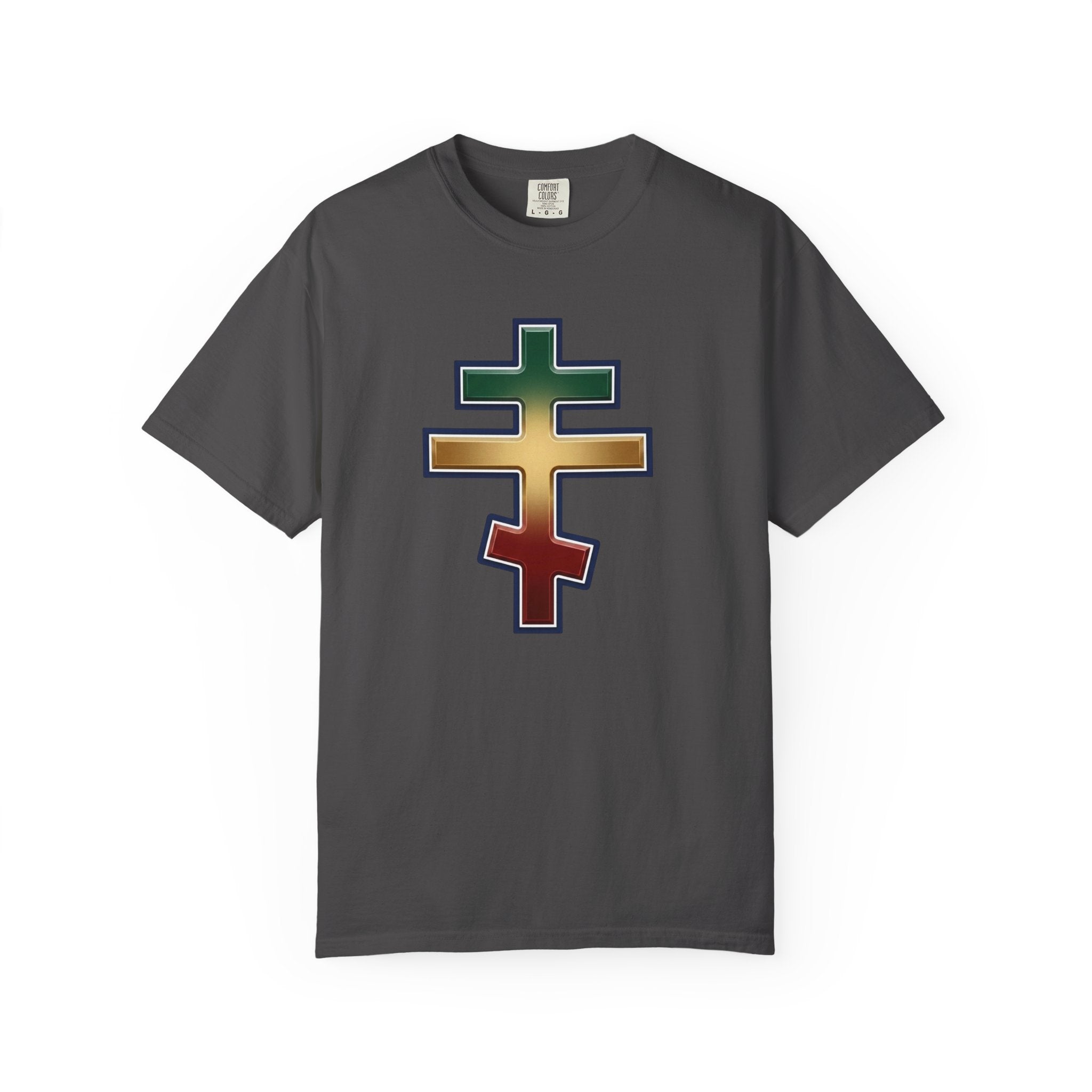Ethiopian Orthodox Cross design on a heavyweight garment-dyed t-shirt