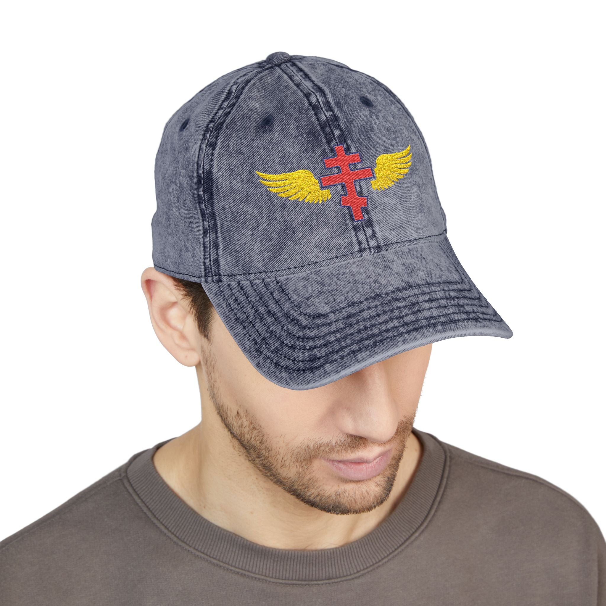 Montenegrin Orthodox cross with wings embroidered on vintage cotton twill cap -- additional view 13