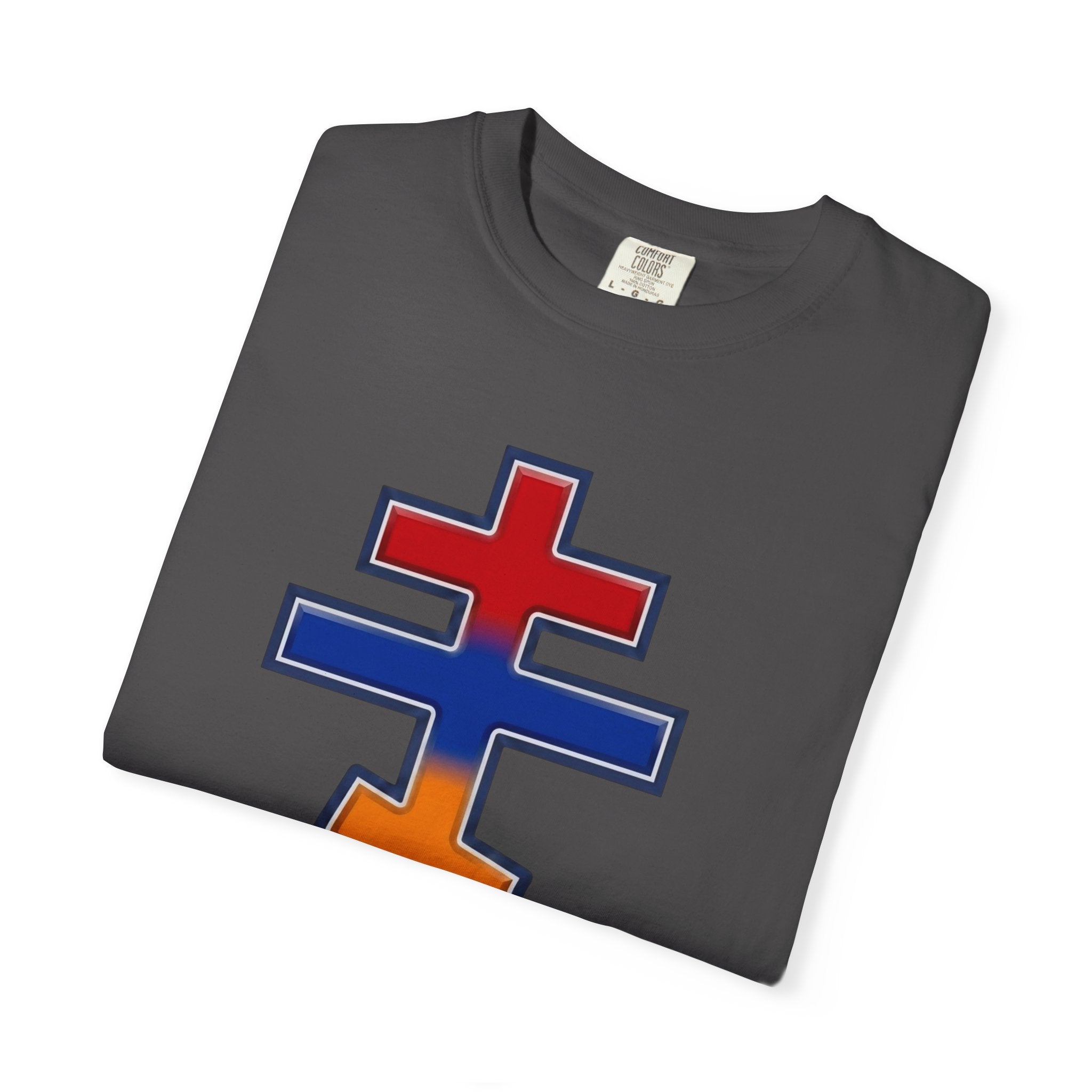 Armenian Orthodox Cross design on a heavyweight garment-dyed t-shirt