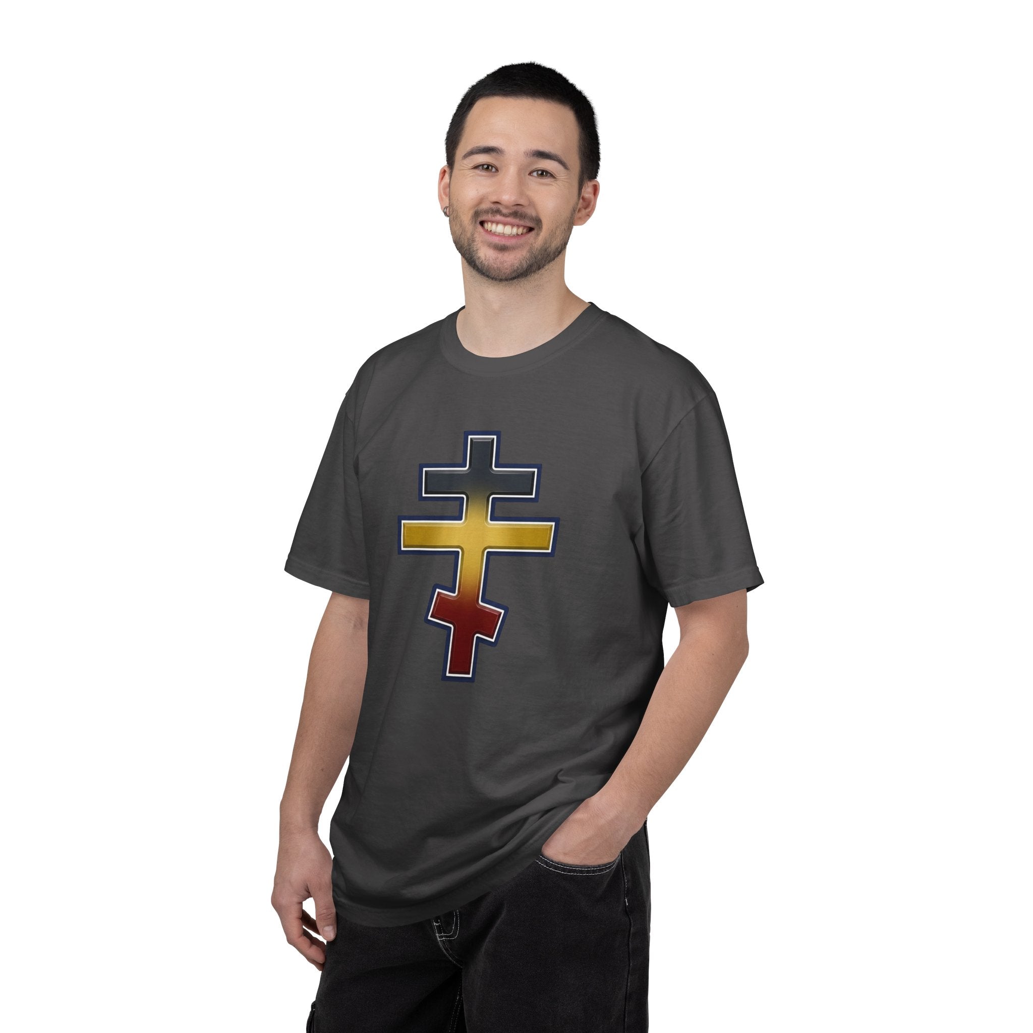 Ugandan Orthodox Cross design on a heavyweight garment-dyed t-shirt