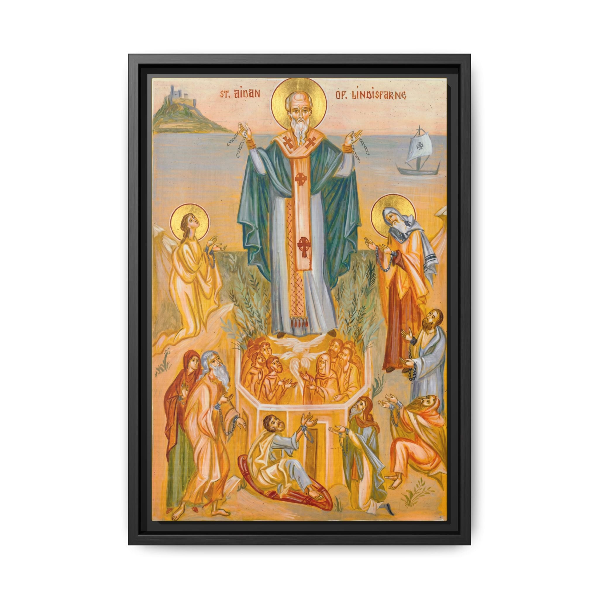 Framed canvas icon of Saint Aidan of Lindisfarne, traditional Orthodox Christian artwork