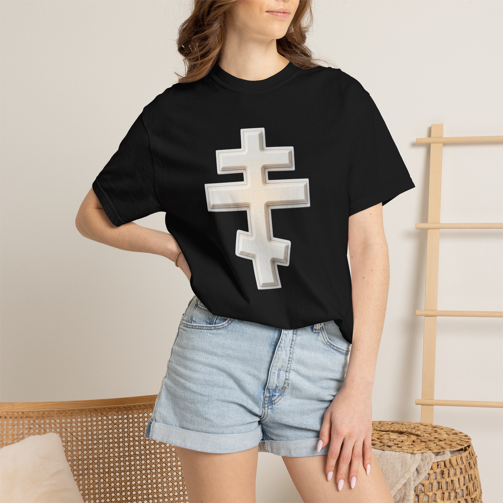 Classic white classic Orthodox cross design on a heavyweight garment-dyed t-shirt