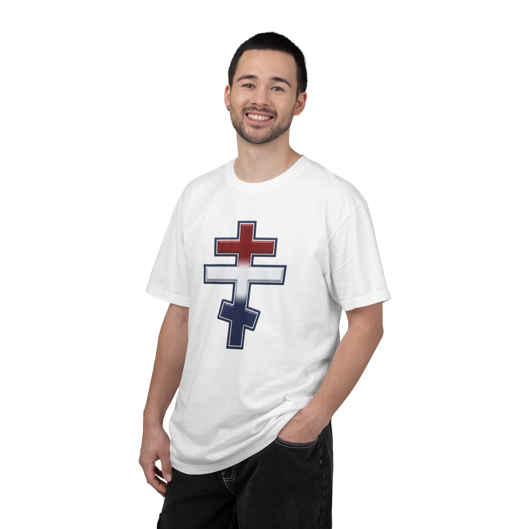 United States Orthodox Cross design on a heavyweight garment-dyed t-shirt