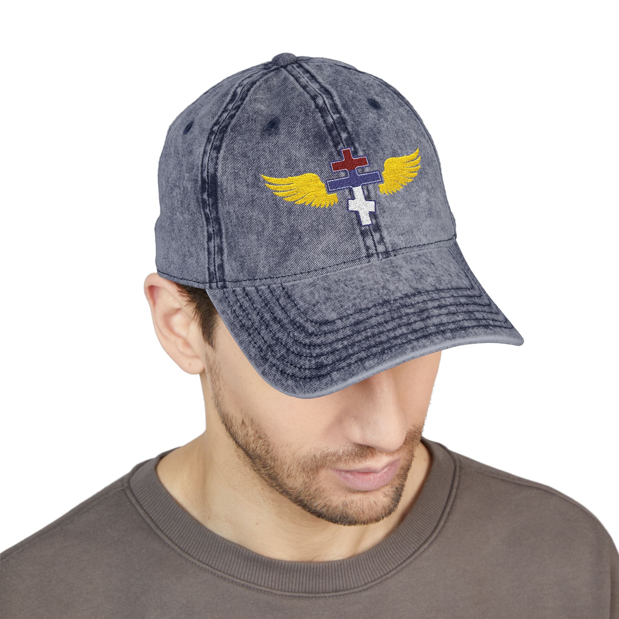 Serbian Orthodox cross with wings embroidered on vintage cotton twill cap -- additional view 13