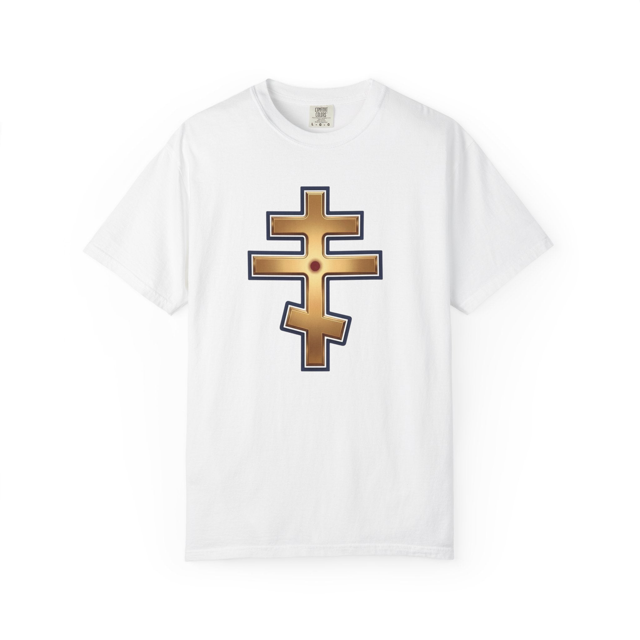 Jerusalem Orthodox Cross design on a heavyweight garment-dyed t-shirt