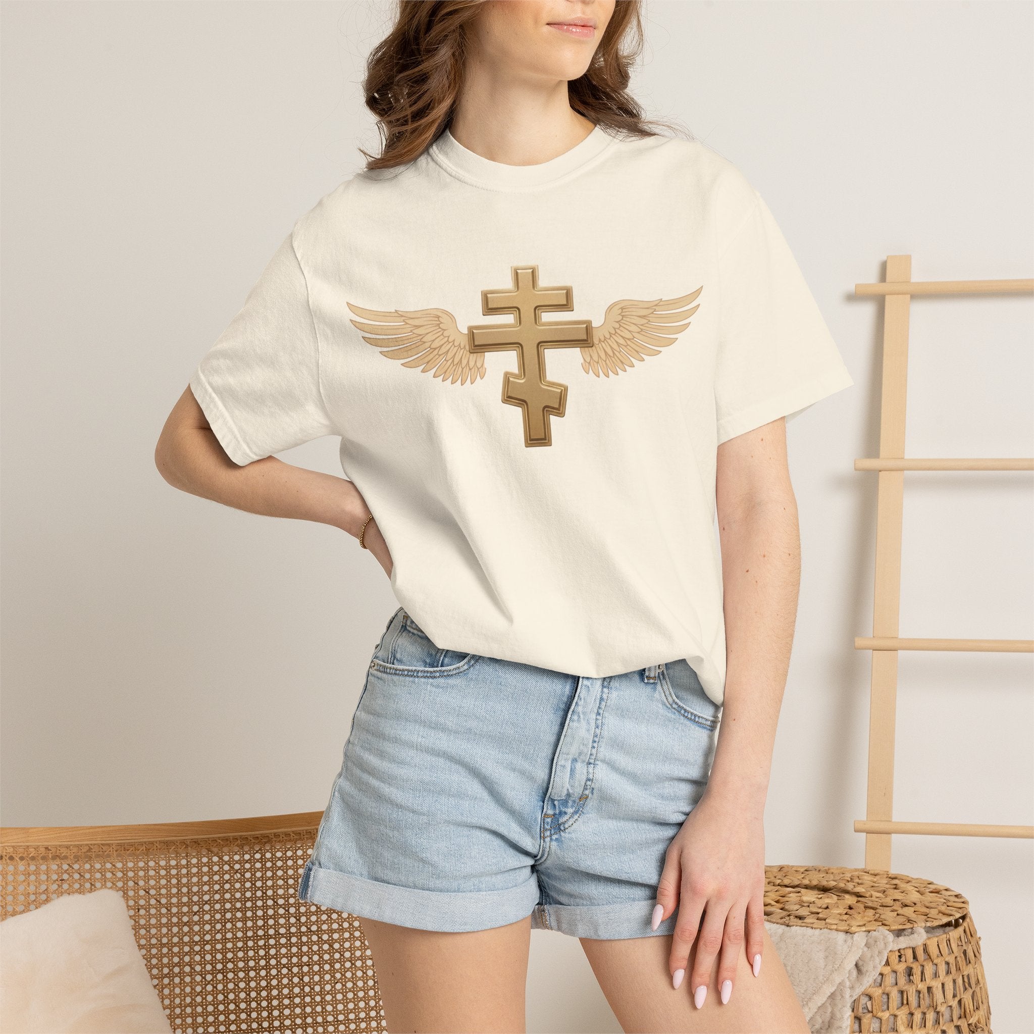 Classic gold winged classic Orthodox cross design on a heavyweight garment-dyed t-shirt