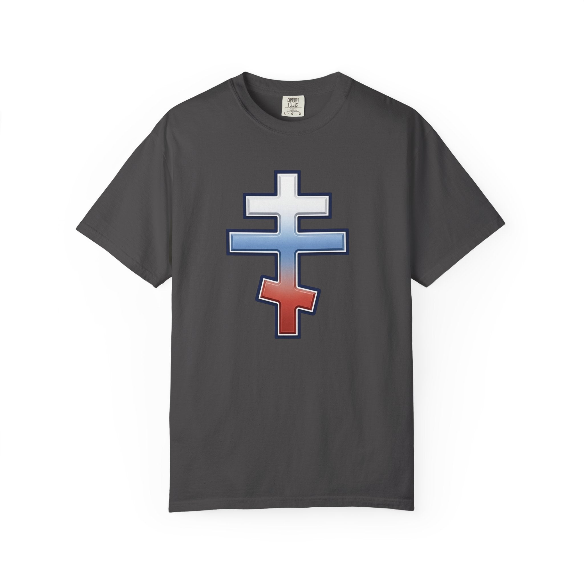 Slovak Orthodox Cross design on a heavyweight garment-dyed t-shirt
