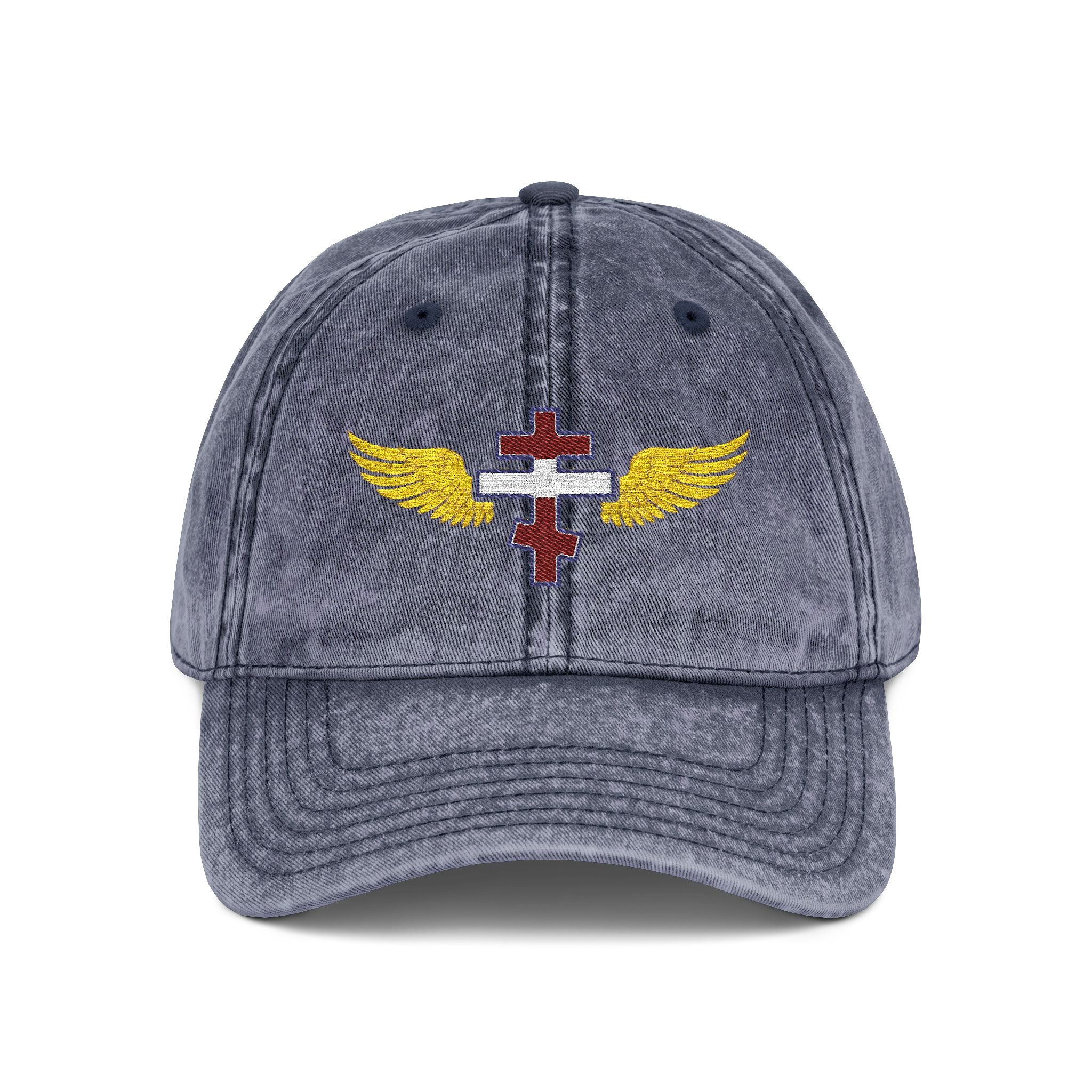 Lebanese Orthodox cross with wings embroidered on vintage cotton twill cap -- additional view 3