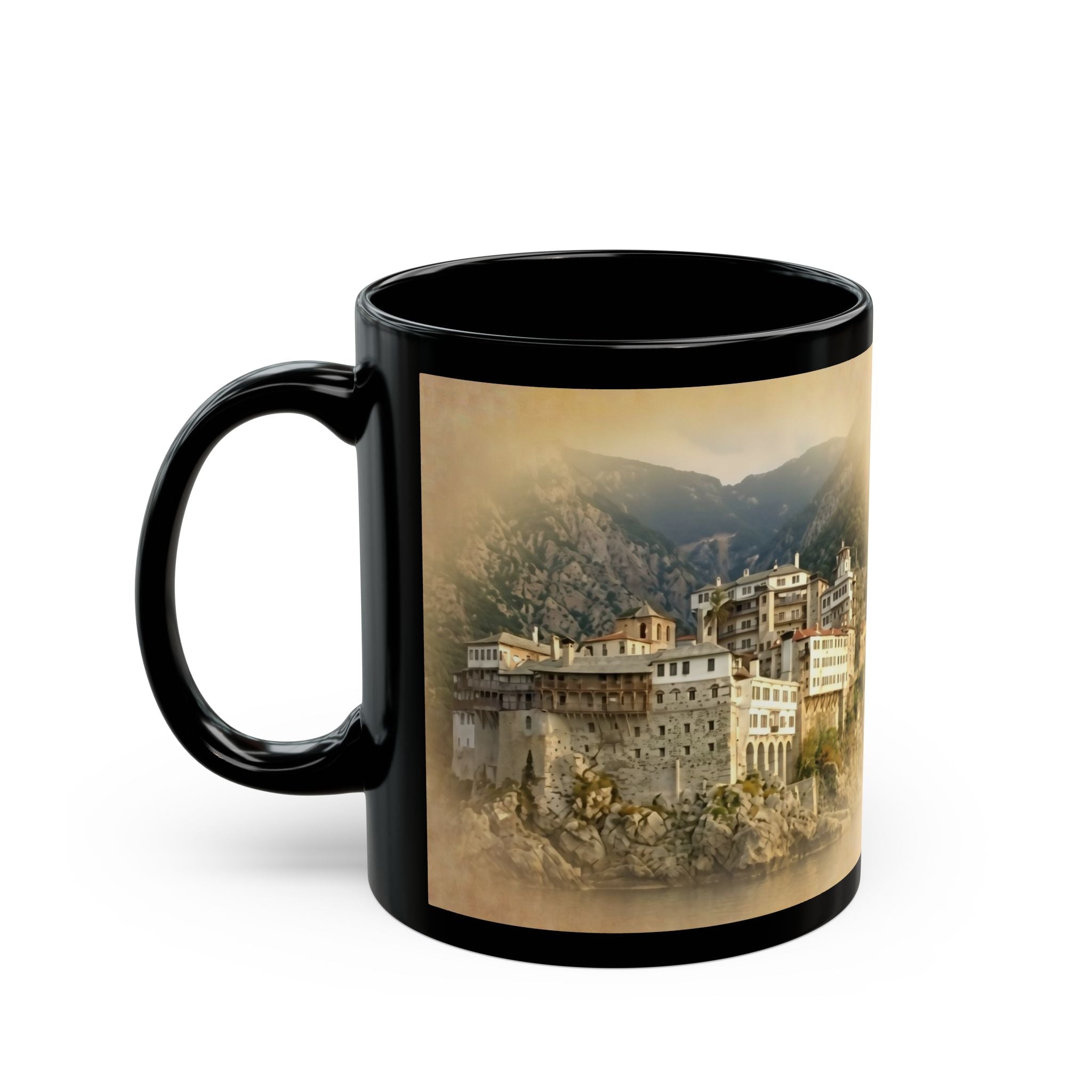 Mount Athos Monastery Orthodox Christian Black Coffee Mug — Orthodox Christian Gift