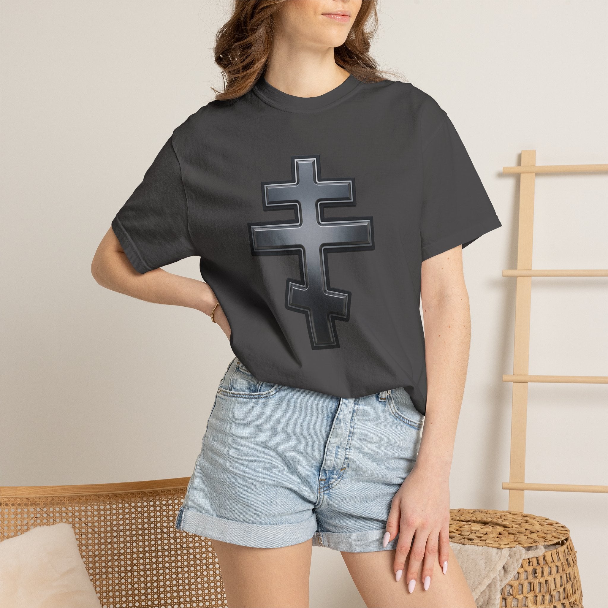 Classic black classic Orthodox cross design on a heavyweight garment-dyed t-shirt