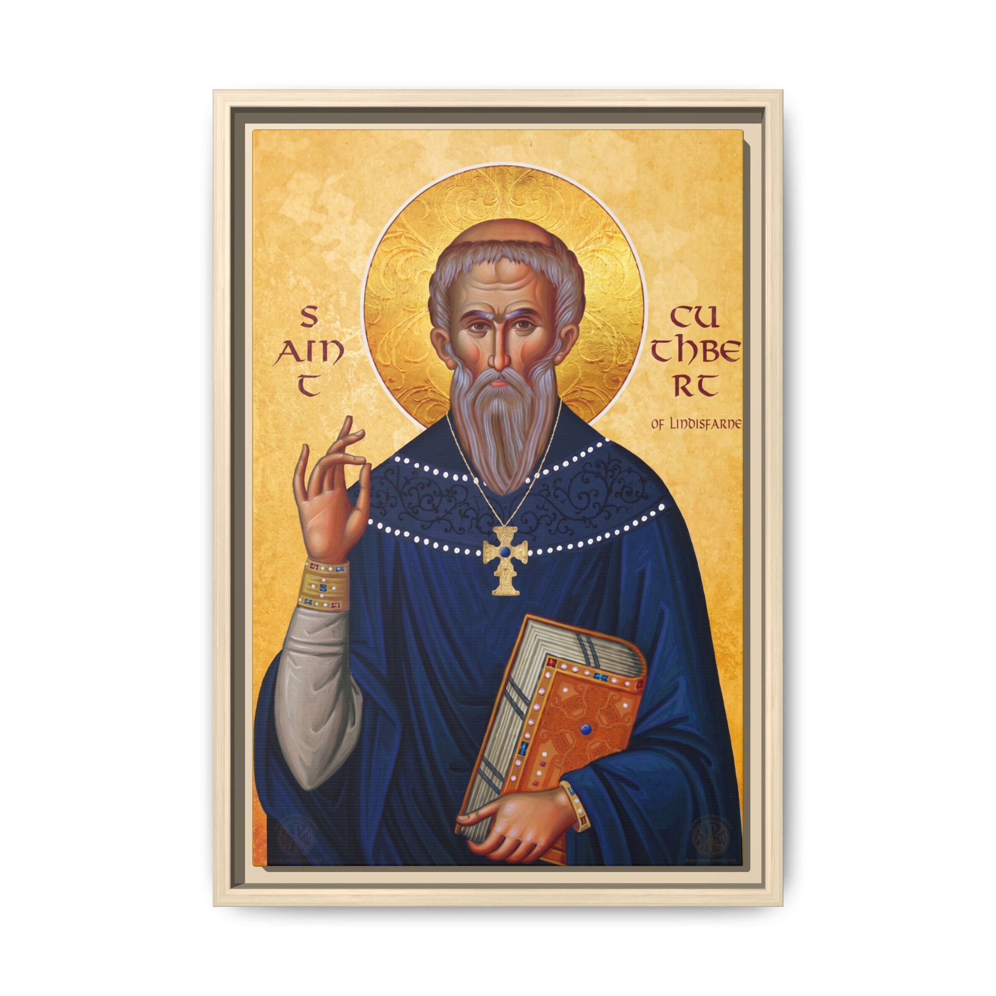 Framed canvas icon of Saint Cuthbert of Lindisfarne, traditional Orthodox Christian artwork