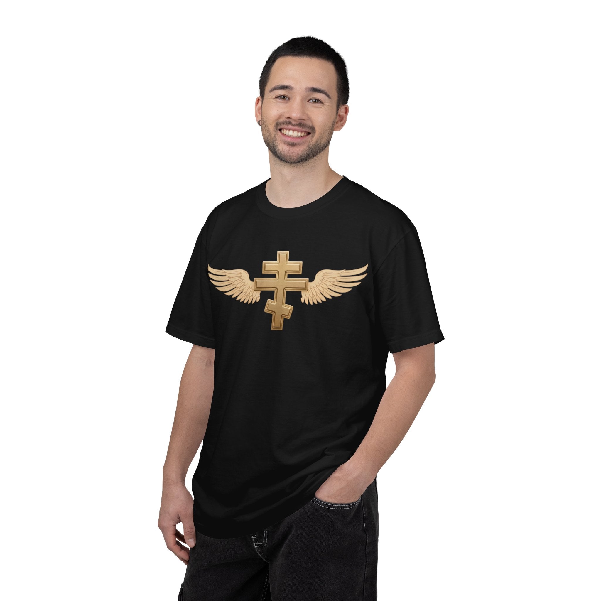 Classic gold winged classic Orthodox cross design on a heavyweight garment-dyed t-shirt