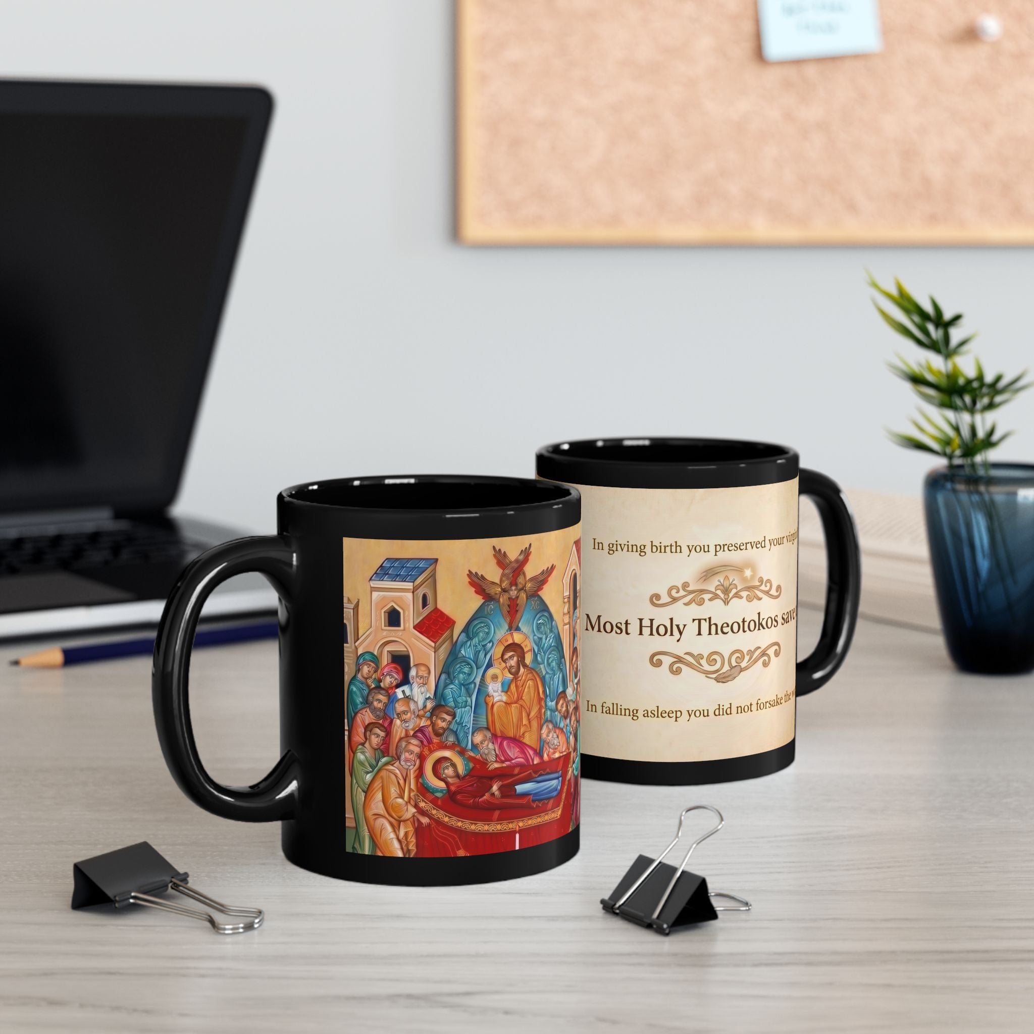 Dormition of the Theotokos Orthodox Christian Black Coffee Mug — Christian Gift Idea