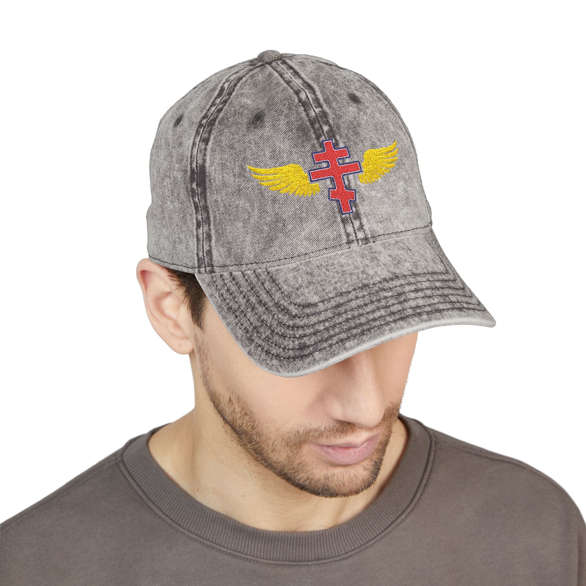 Latvian Orthodox cross with wings embroidered on vintage cotton twill cap -- additional view 10