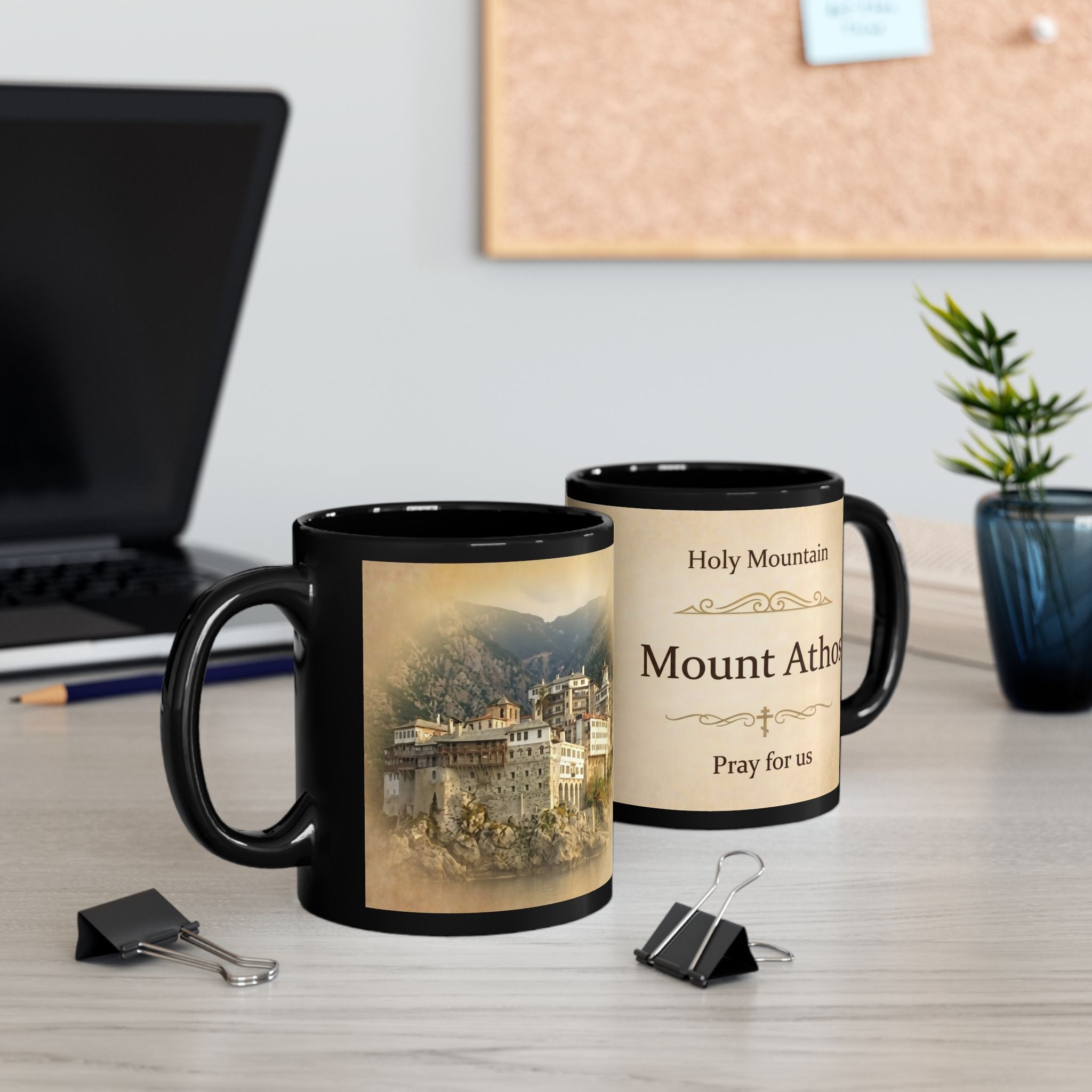 Mount Athos Monastery Orthodox Christian Black Coffee Mug — Christian Gift Idea