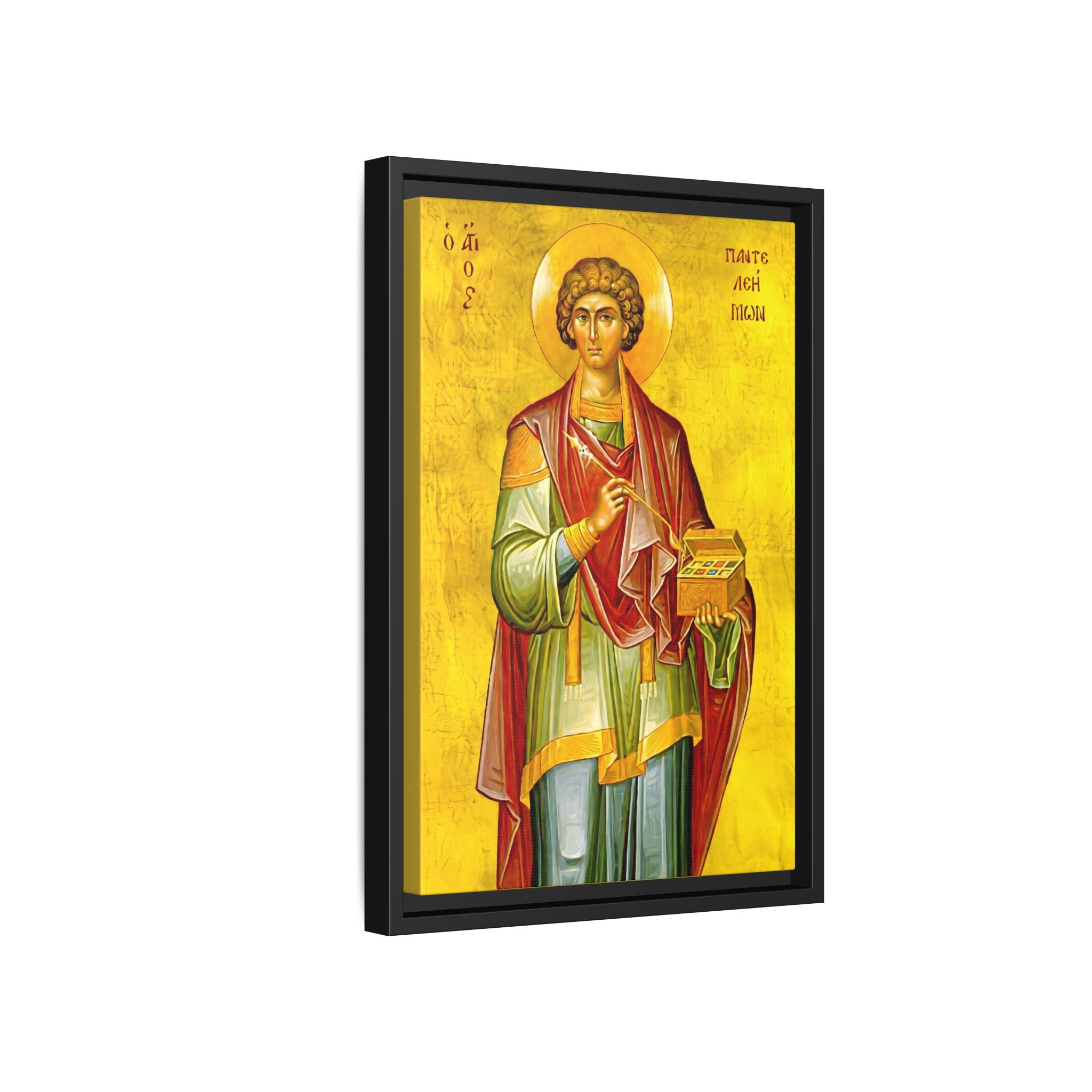 Framed canvas icon of Saint Panteleimon the Healer, traditional Orthodox Christian artwork