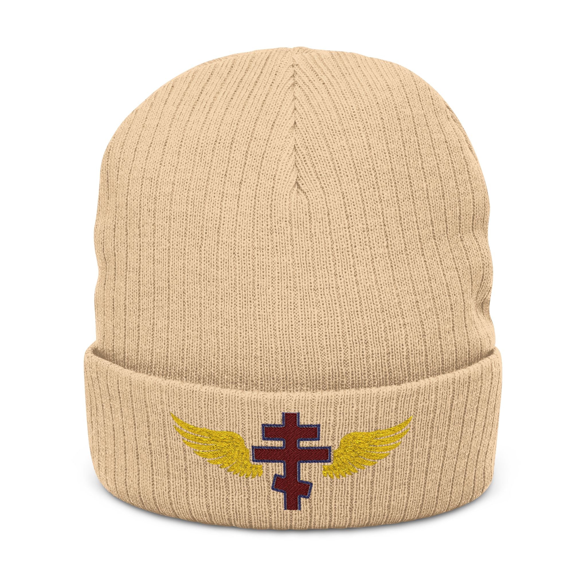 Macedonian Orthodox cross with wings embroidered on ribbed knit beanie -- additional view 2