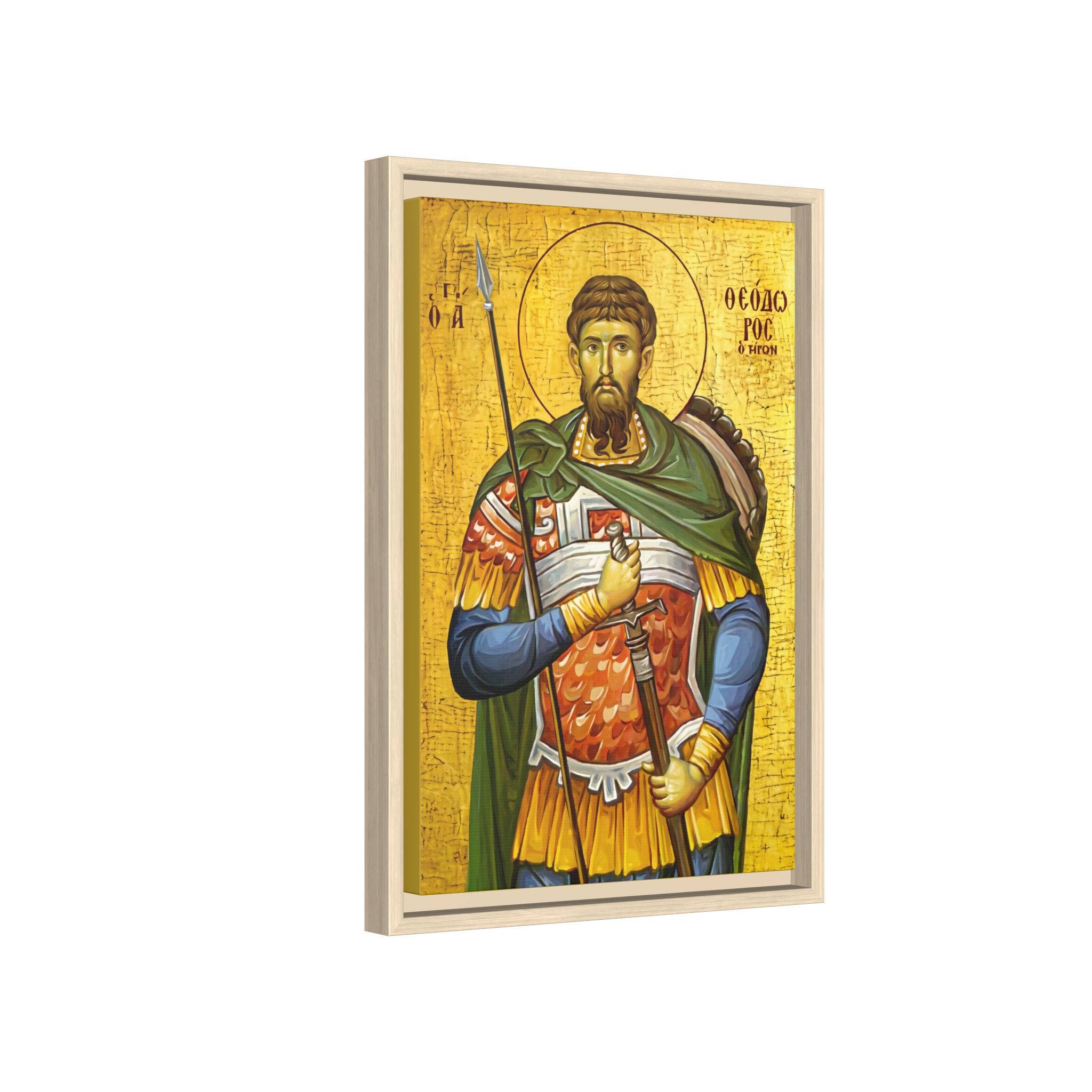 Framed canvas icon of Saint Theodore Tiron, traditional Orthodox Christian artwork