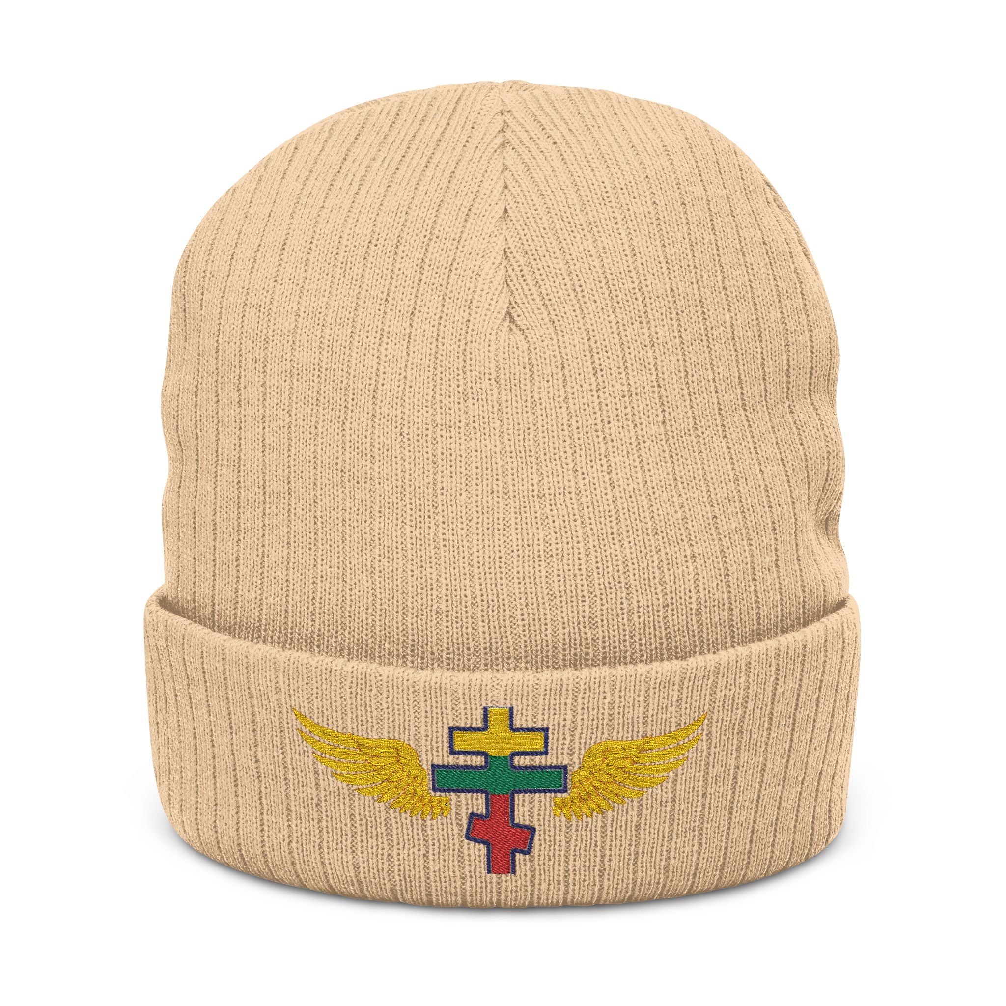 Lithuanian Orthodox cross with wings embroidered on ribbed knit beanie -- additional view 2