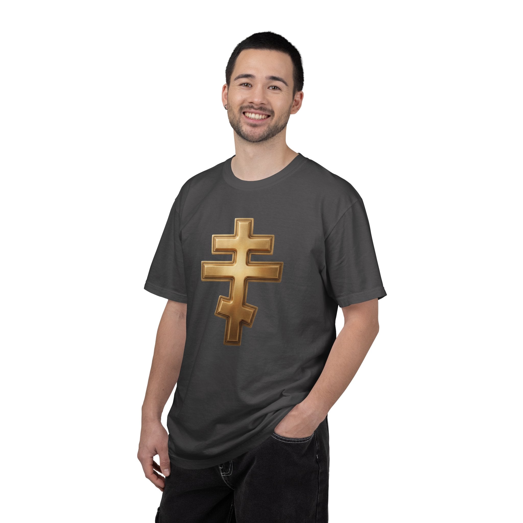 Classic gold classic Orthodox cross design on a heavyweight garment-dyed t-shirt