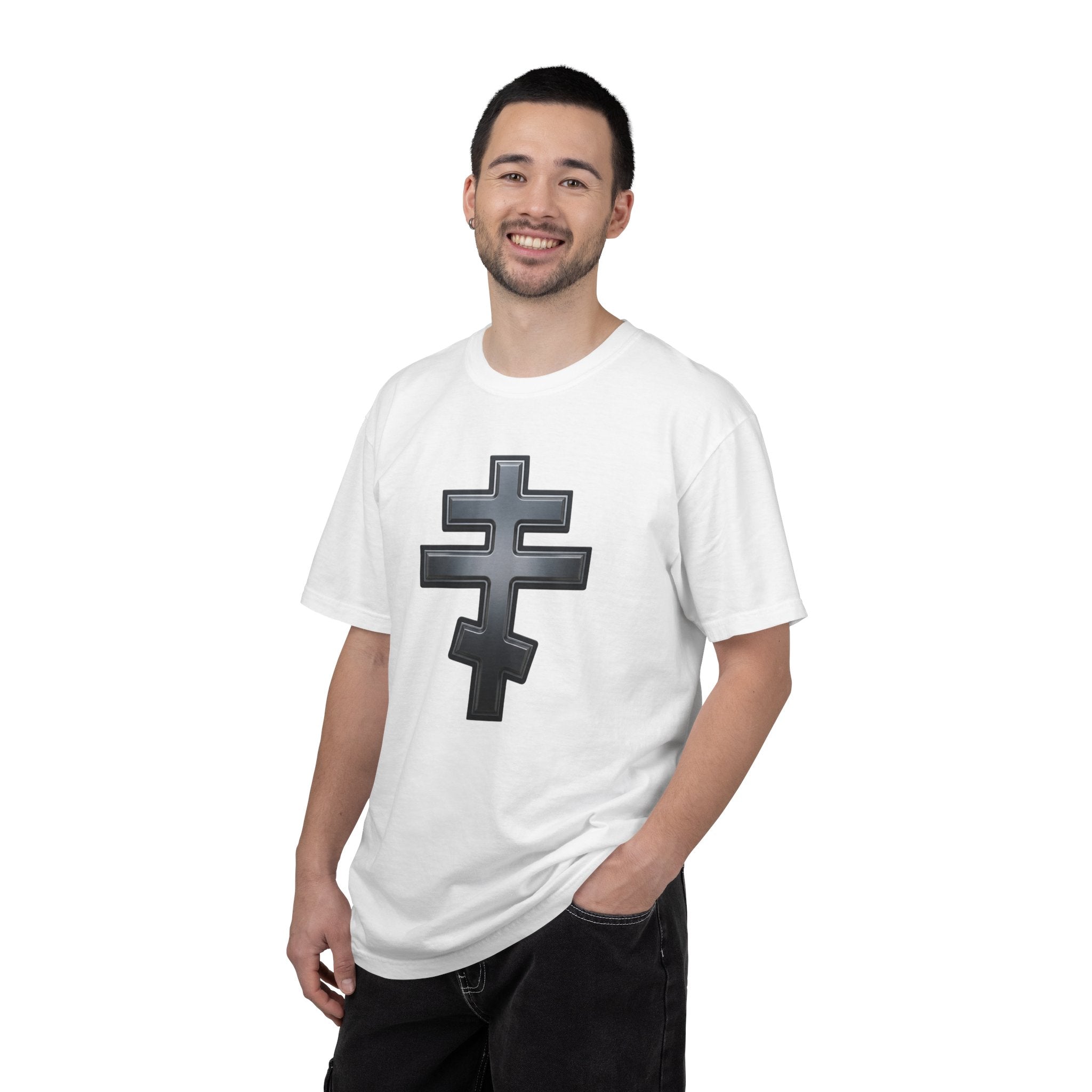 Classic black classic Orthodox cross design on a heavyweight garment-dyed t-shirt