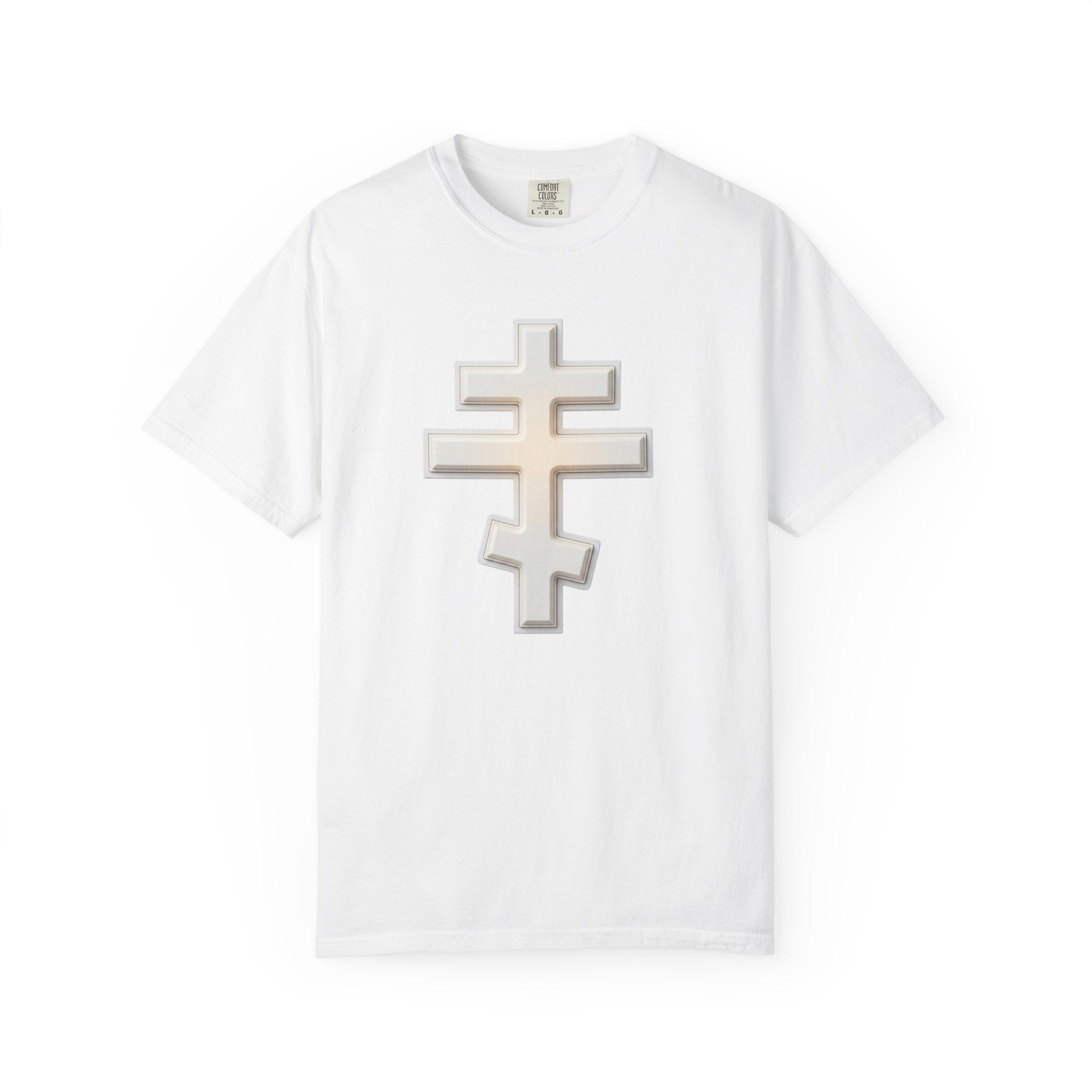 Classic white classic Orthodox cross design on a heavyweight garment-dyed t-shirt