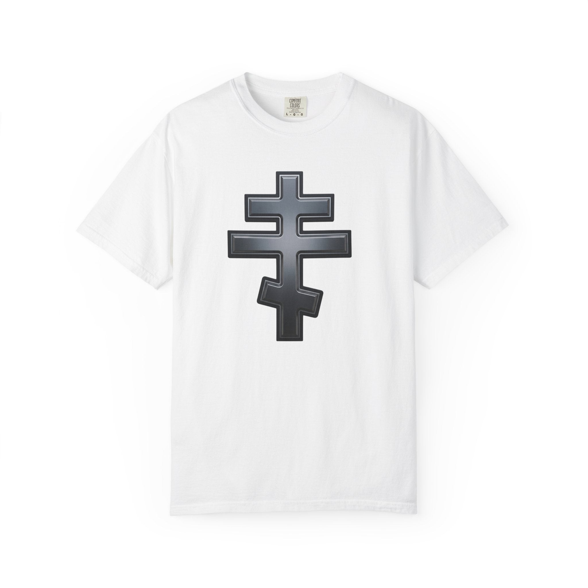 Classic black classic Orthodox cross design on a heavyweight garment-dyed t-shirt