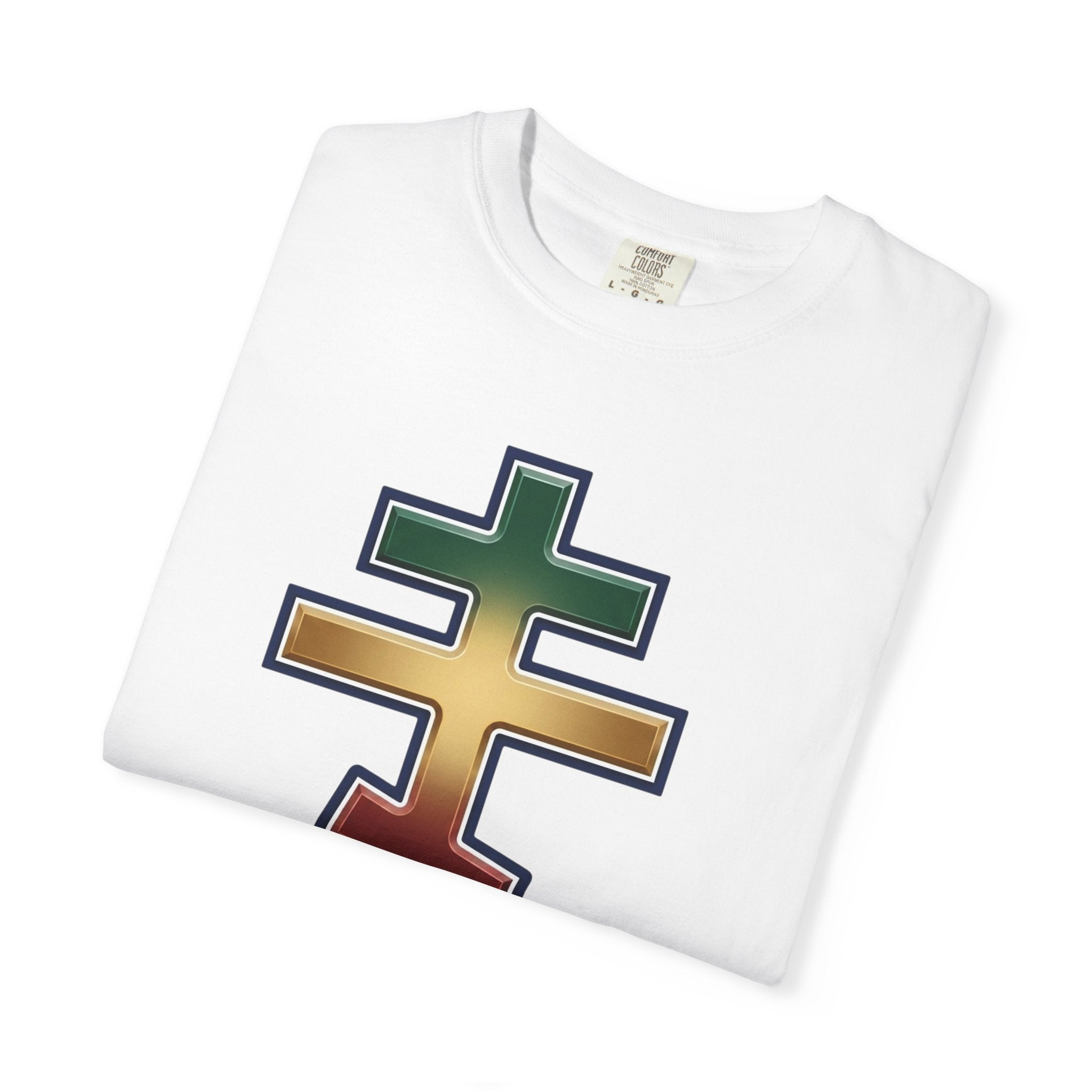 Ethiopian Orthodox Cross design on a heavyweight garment-dyed t-shirt