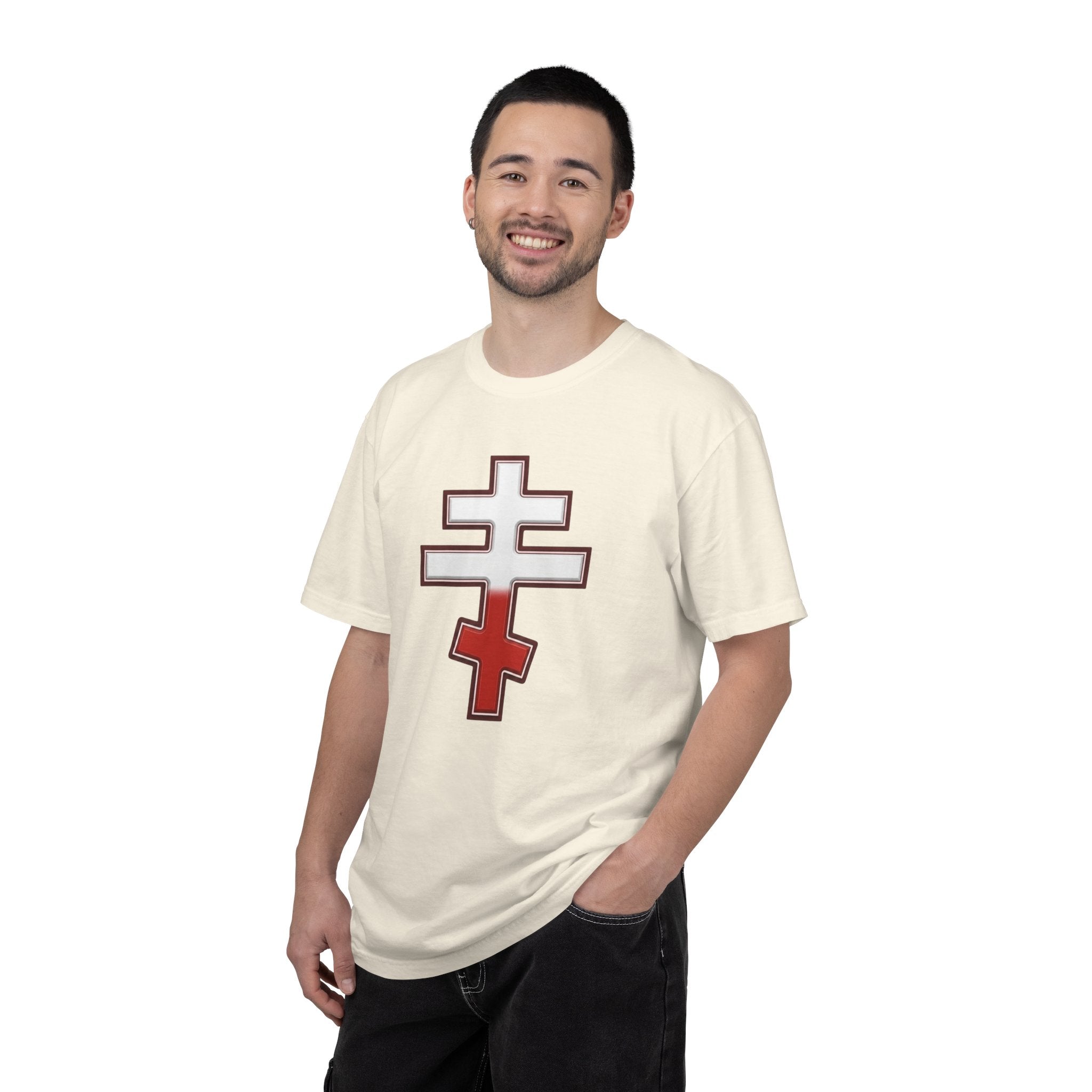 Polish Orthodox Cross design on a heavyweight garment-dyed t-shirt